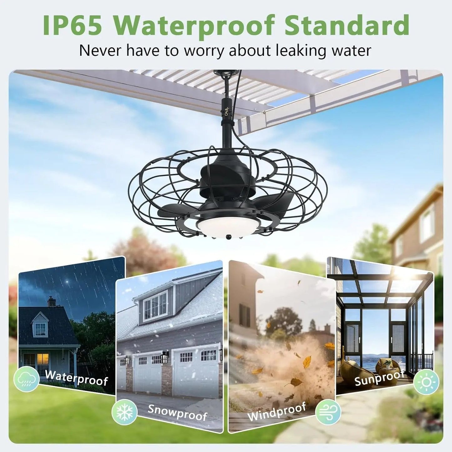 Ceiling fan with IP65 waterproof standard feature, shown outdoors with various weather conditions.
