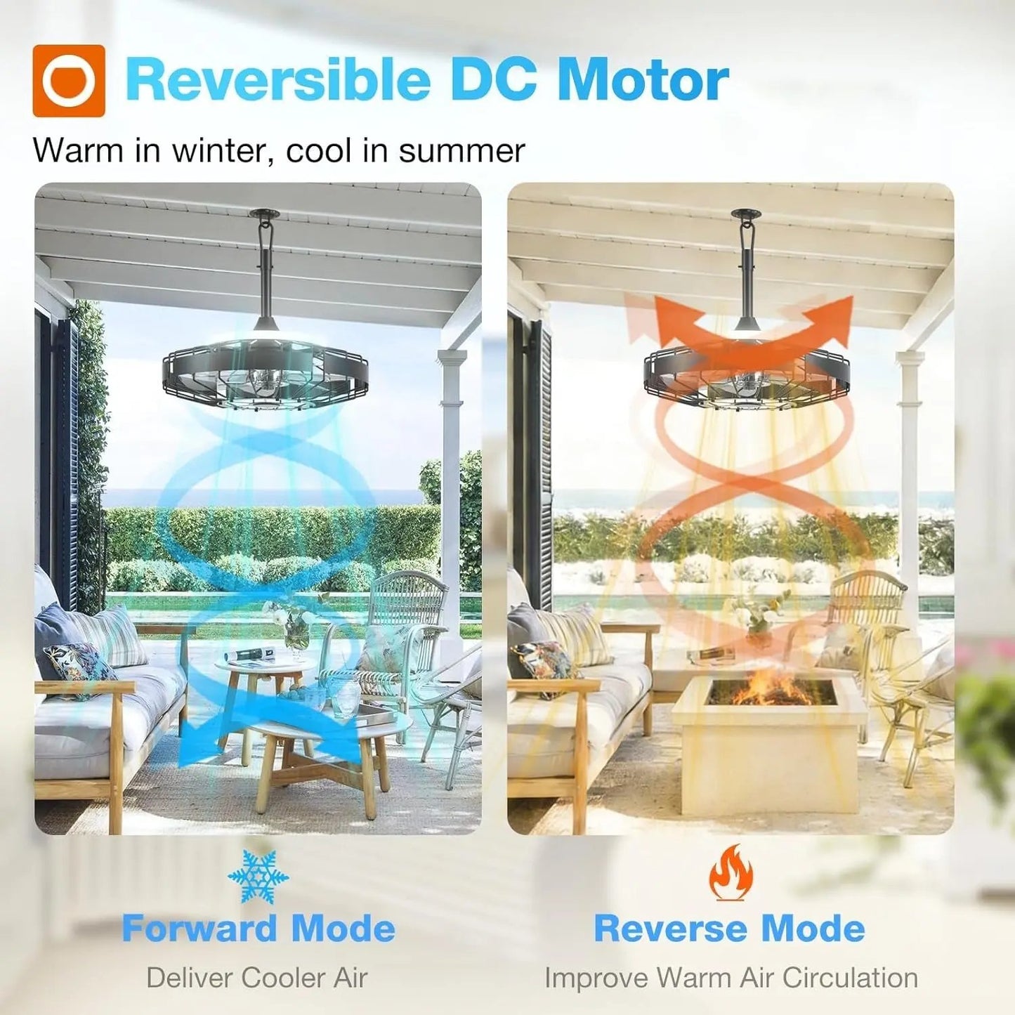 Outdoor patio scene with reversible DC motor system showing cooler and warmer air circulation modes.