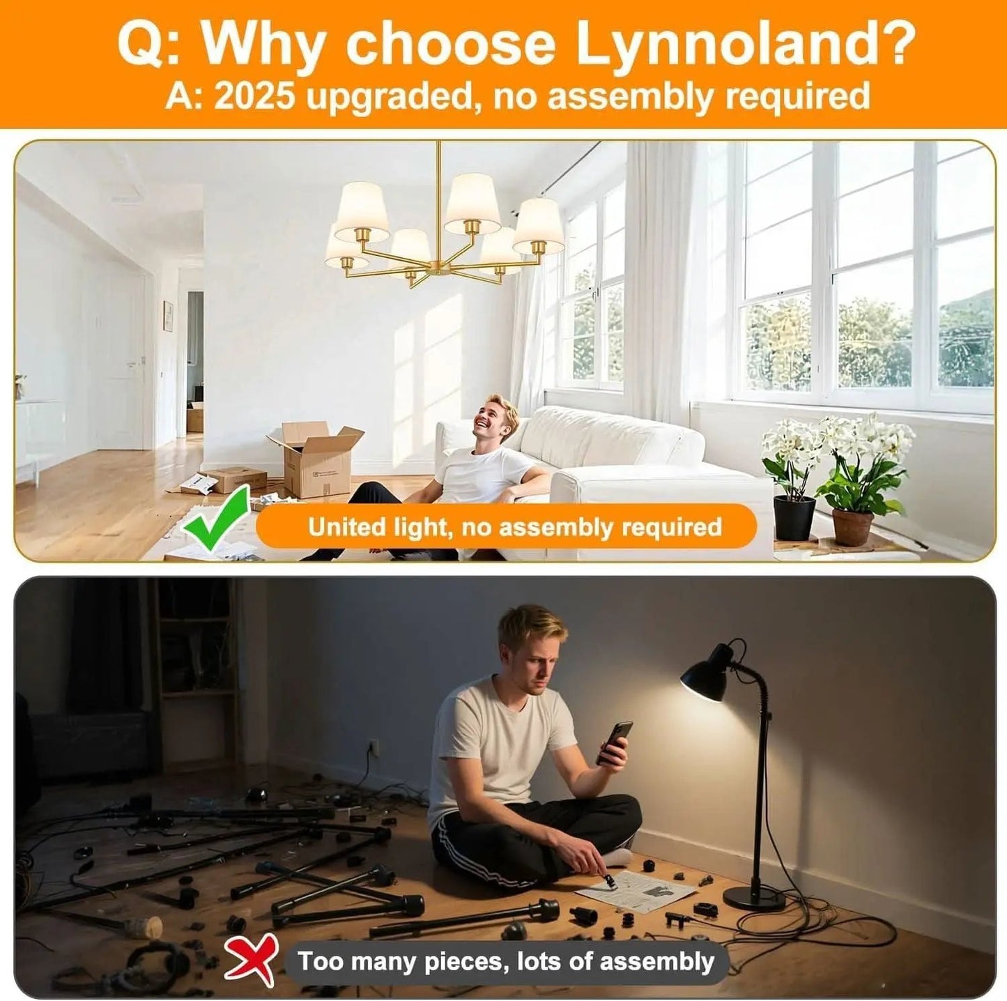 Comparison of setting up a room with Lynnoland's furniture and assembling a different product.