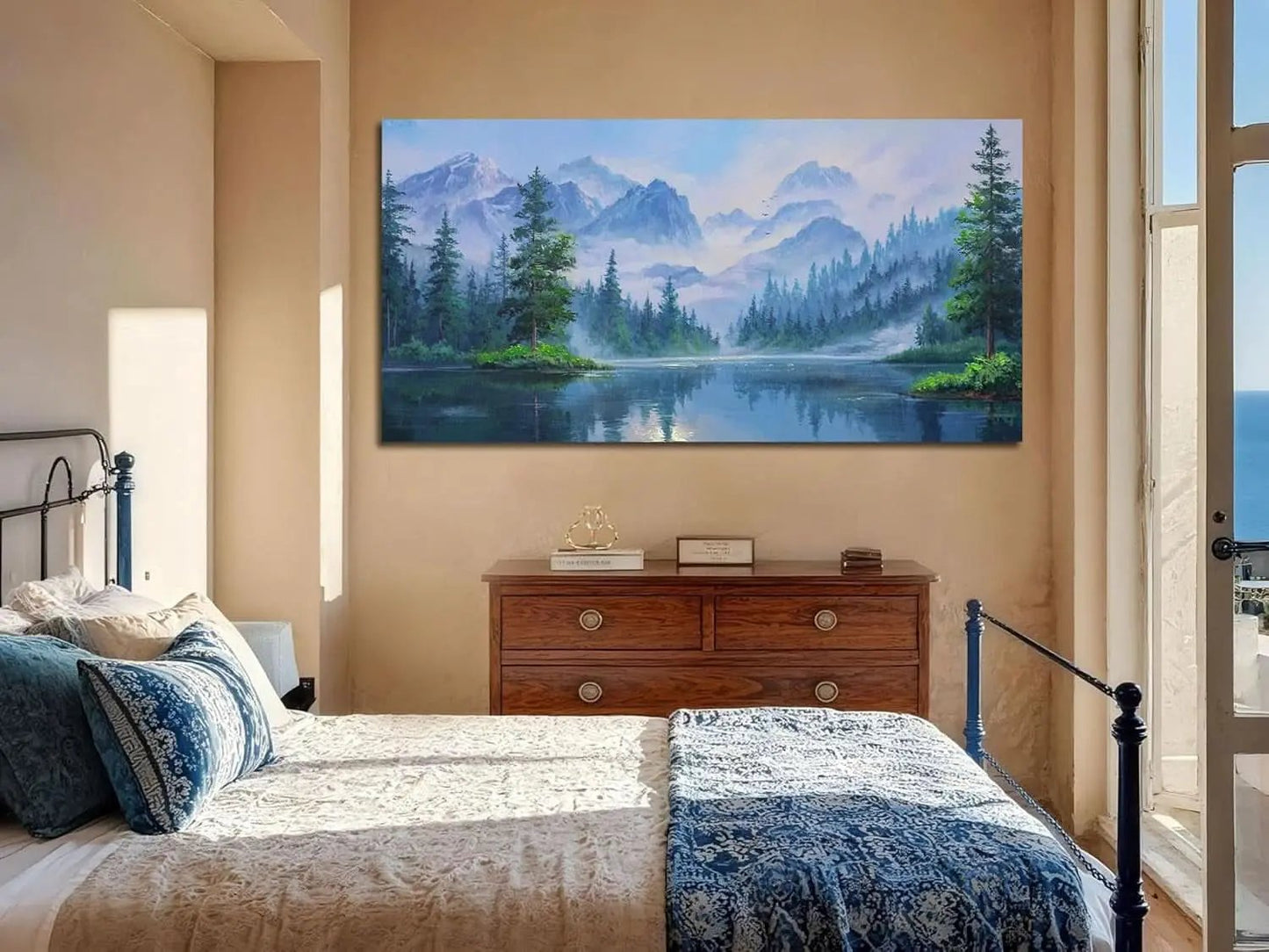 Bedroom with a large landscape painting of a mountain scene on the wall.