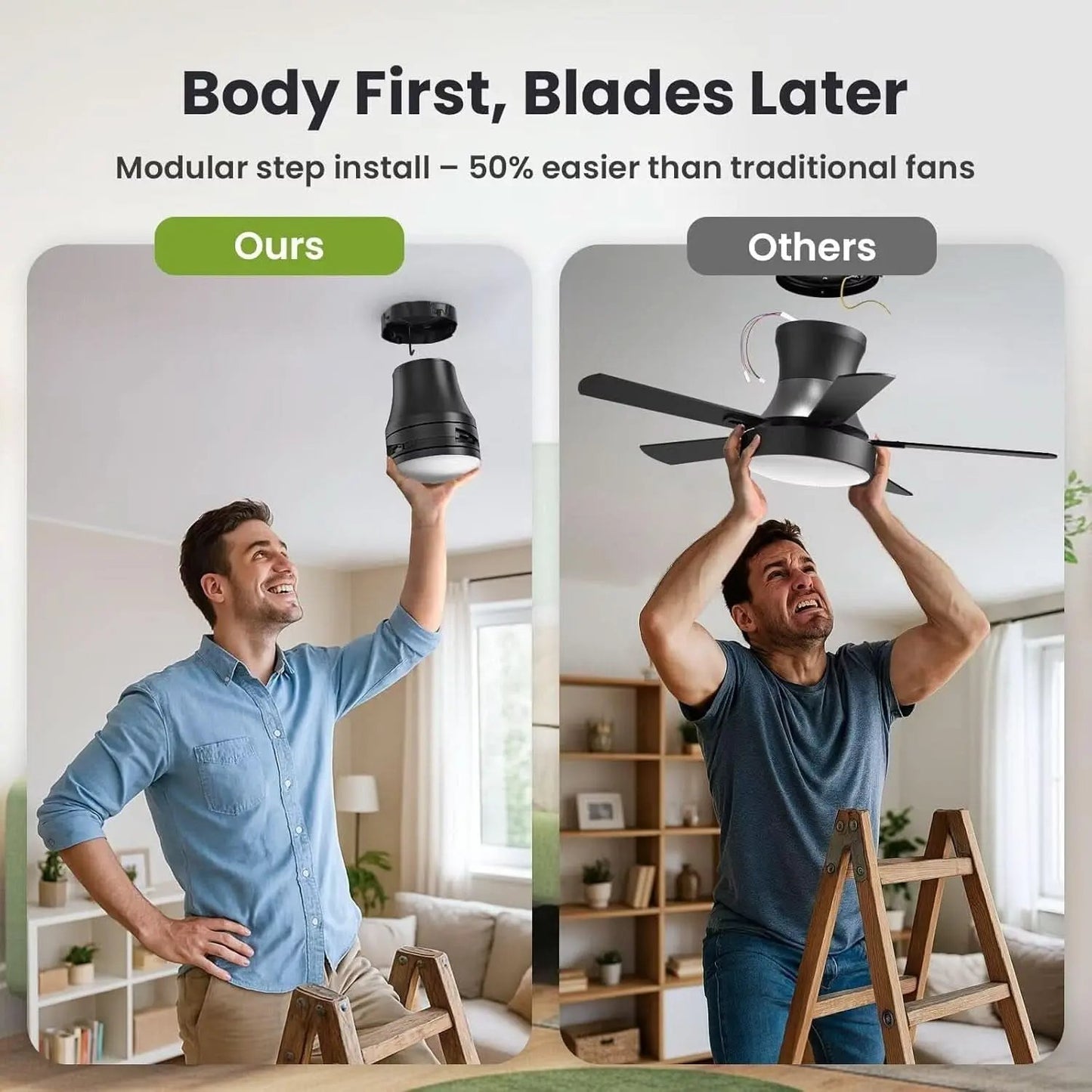 Comparison of modular step install for a ceiling fan, with 'Ours' being easier than 'Others'.