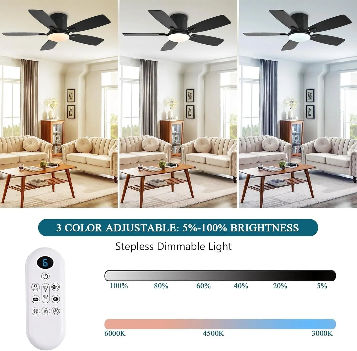 Ceiling fan in a living room with a remote control and color adjustment scale.