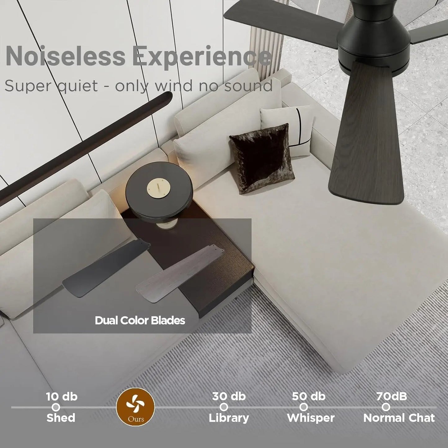 Ceiling fan with dual color blades in a living room setting, emphasizing noiseless experience.