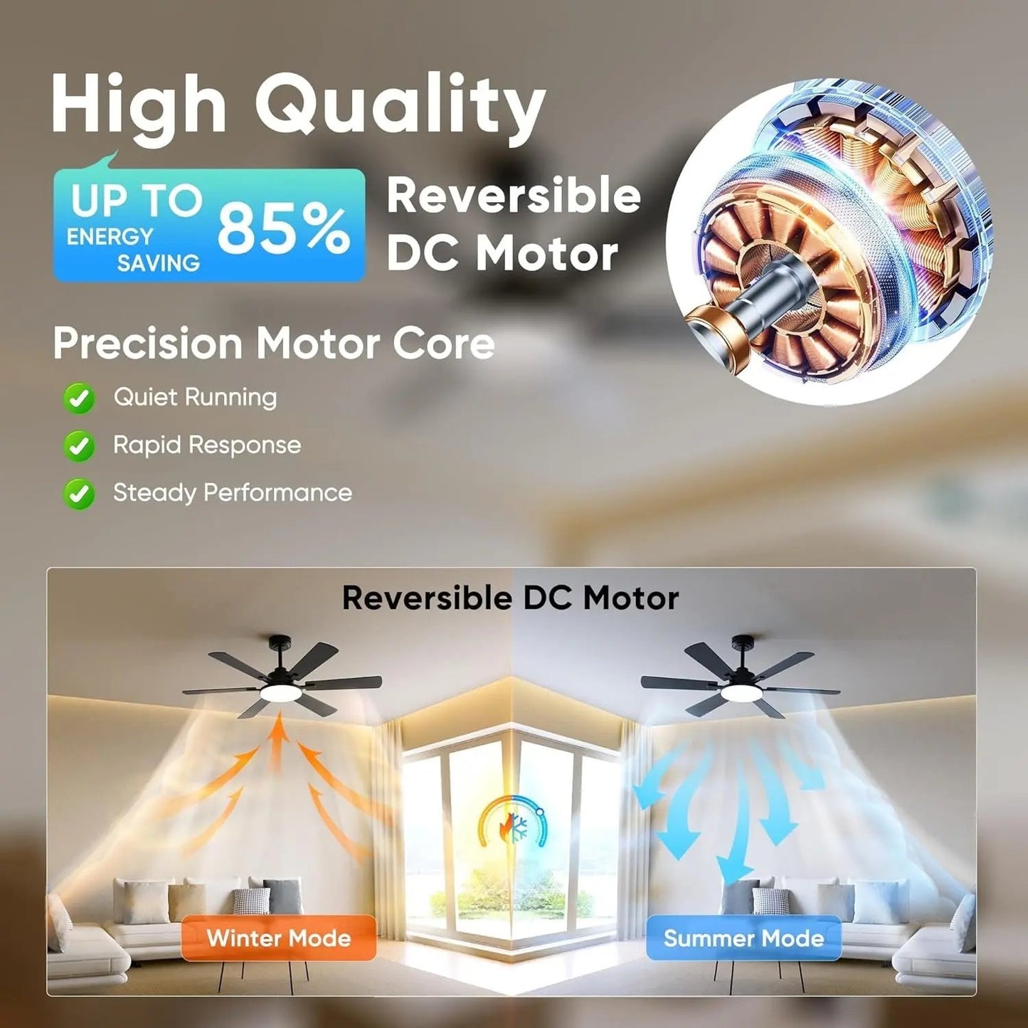 Reversible DC motor with energy-saving feature and application in ceiling fans.