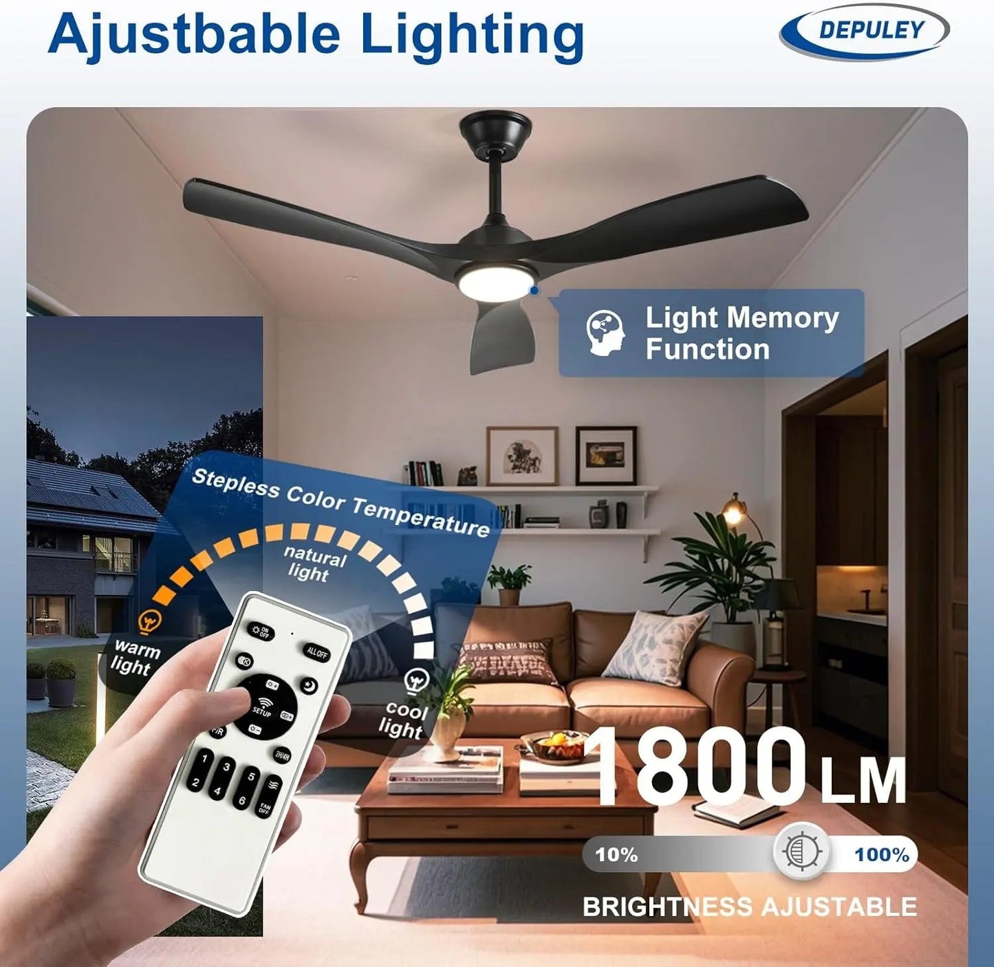 Ceiling fan with adjustable lighting in a living room, featuring DEPUELY branding.