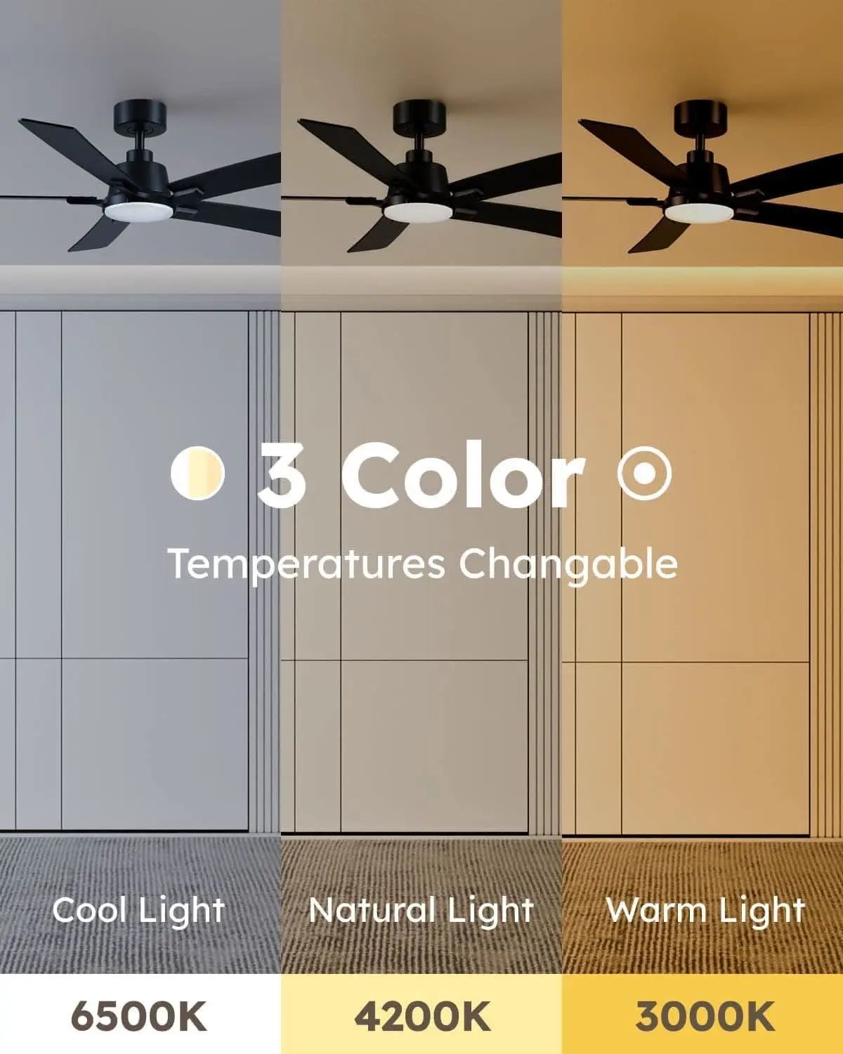 Ceiling fan with three color temperature options displayed on a gradient wall.