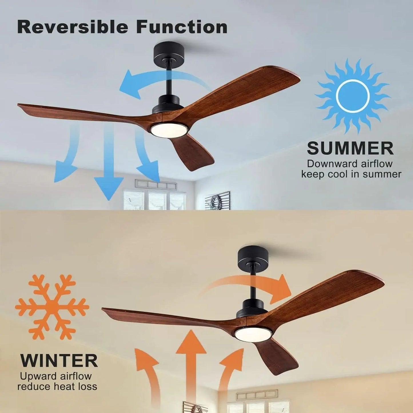 Ceiling fan with reversible function for summer and winter airflow directions.