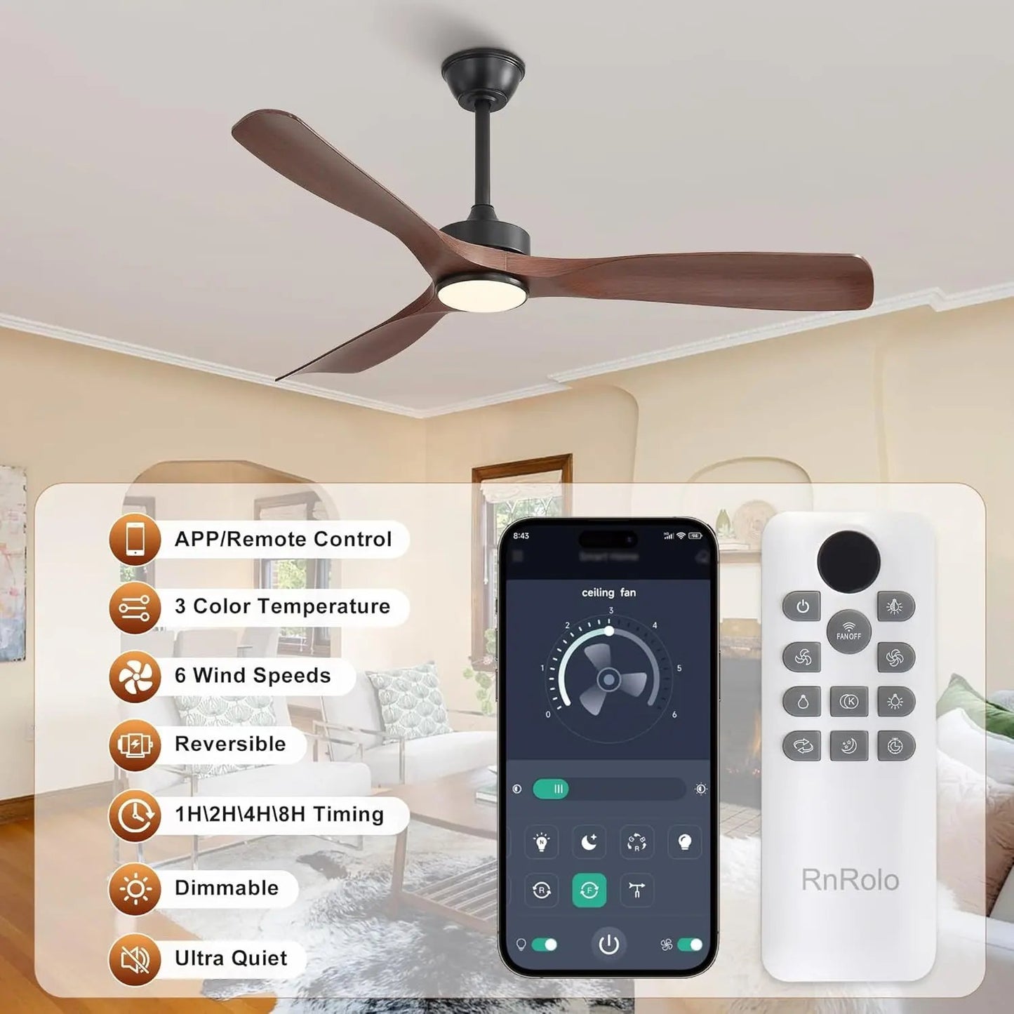 Ceiling fan with smartphone app and remote control in a room setting