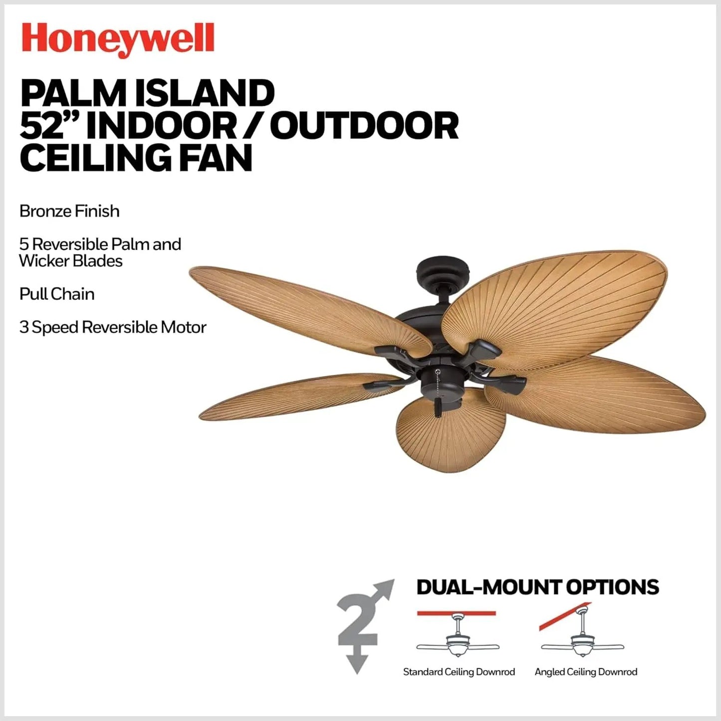 Honeywell Palm Island ceiling fan with specifications on a white background