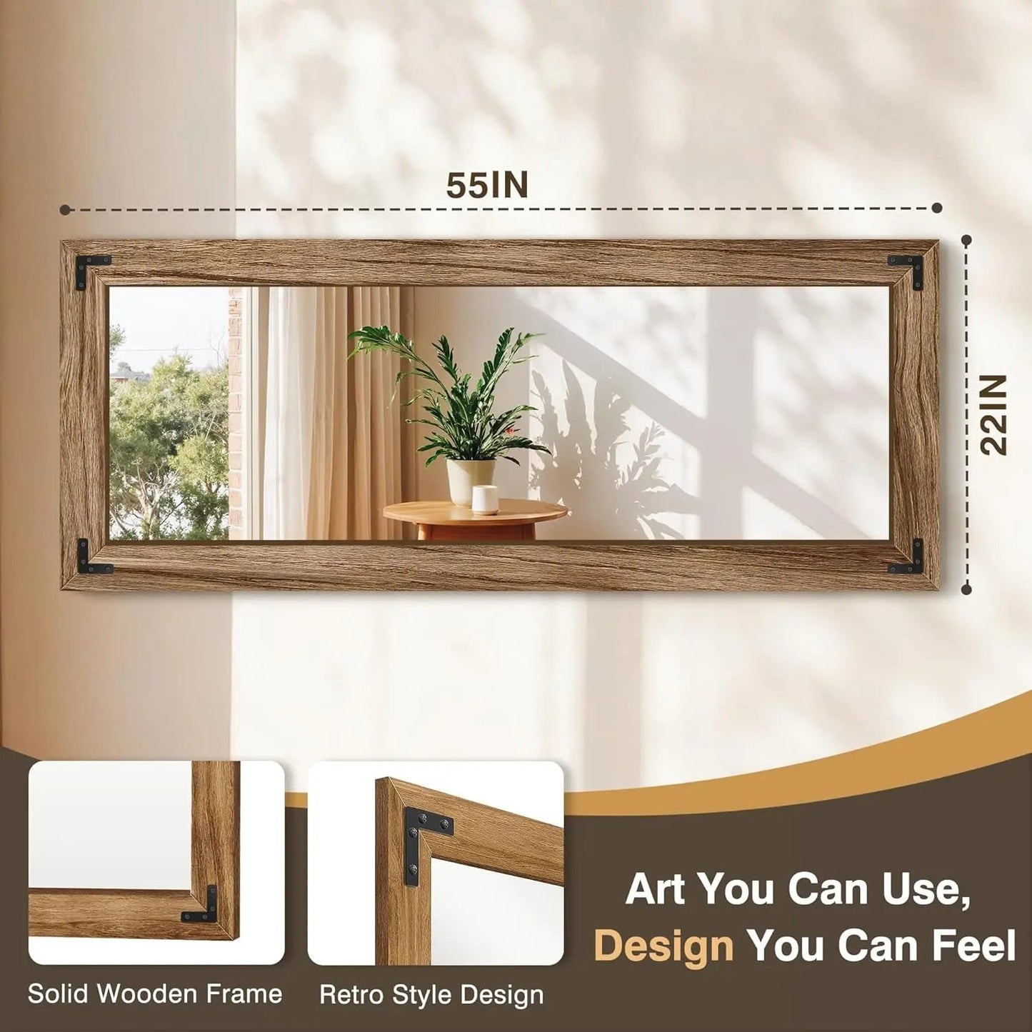 Wooden framed mirror with dimensions on a wall, featuring a plant and table reflection.