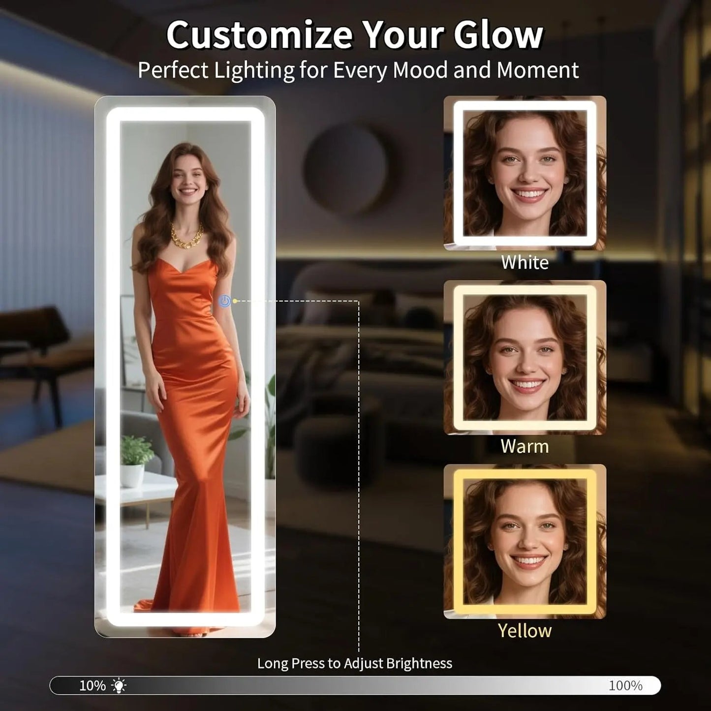 Digital photo editing tool with options to customize lighting for a woman in an orange dress.