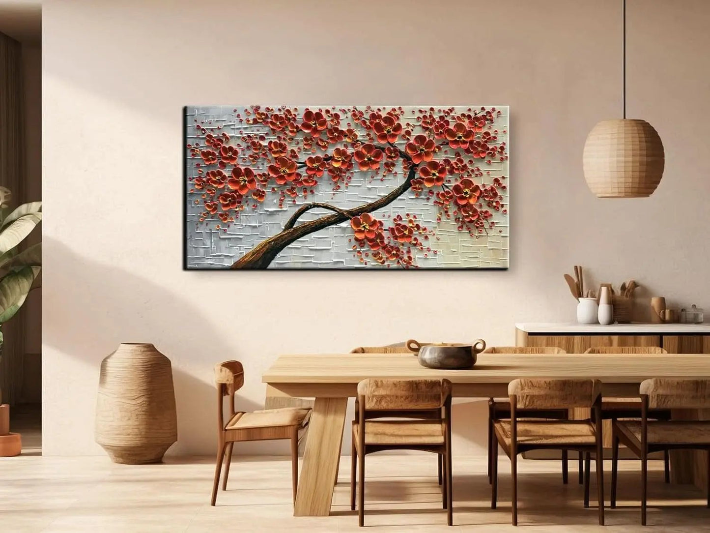 Dining room with a large abstract painting of red flowers on a wall above a wooden table.