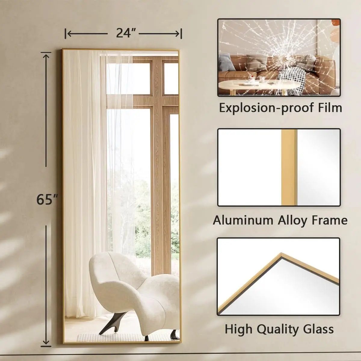 Window with dimensions labeled, featuring explosion-proof film, aluminum alloy frame, and high-quality glass.
