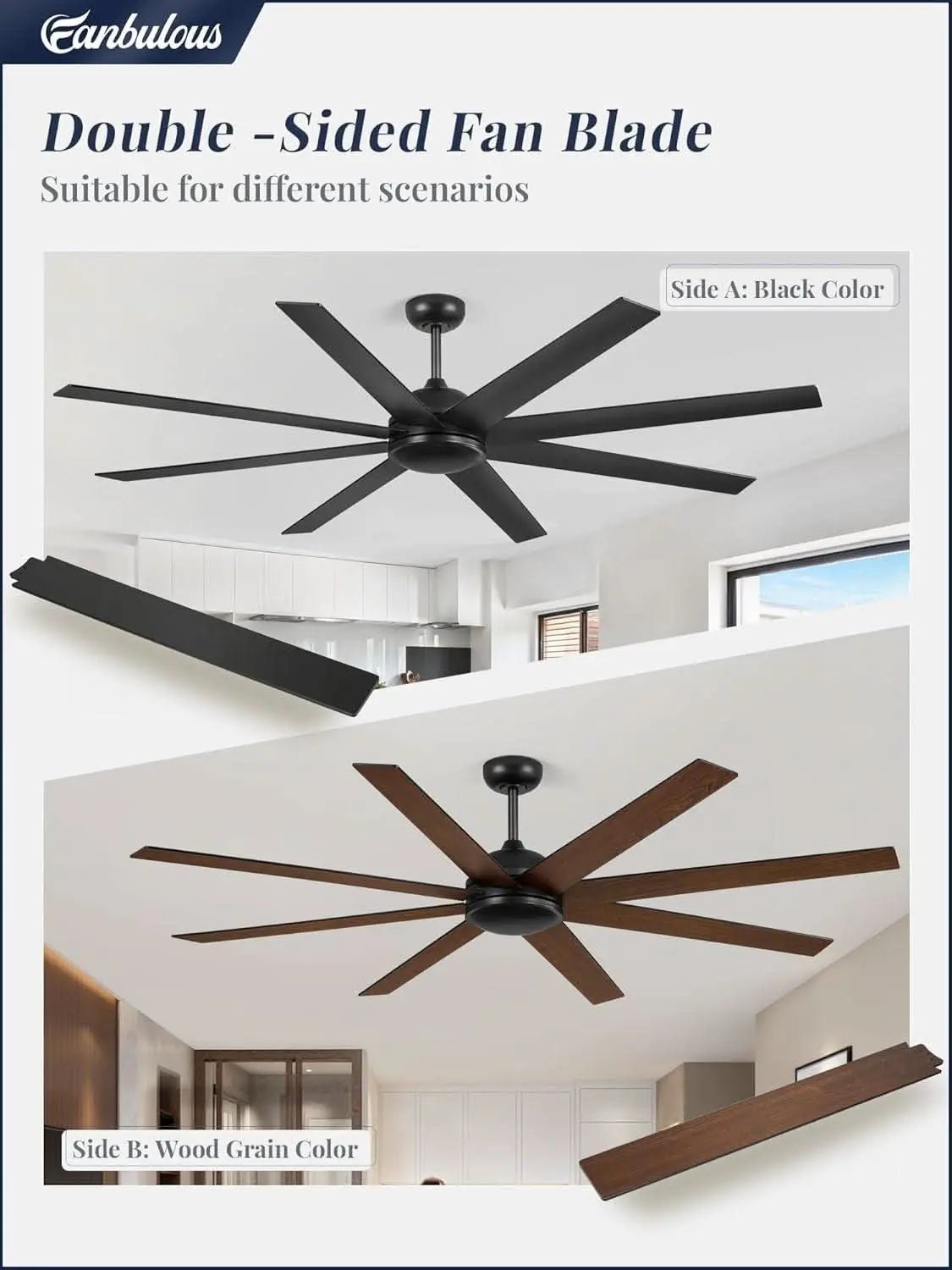 Double-sided ceiling fan blade with black and wood grain color options, suitable for different scenarios.