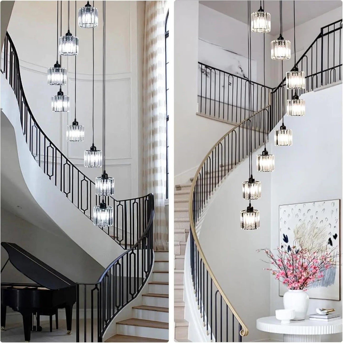 Staircase with hanging pendant lights in a modern interior setting.