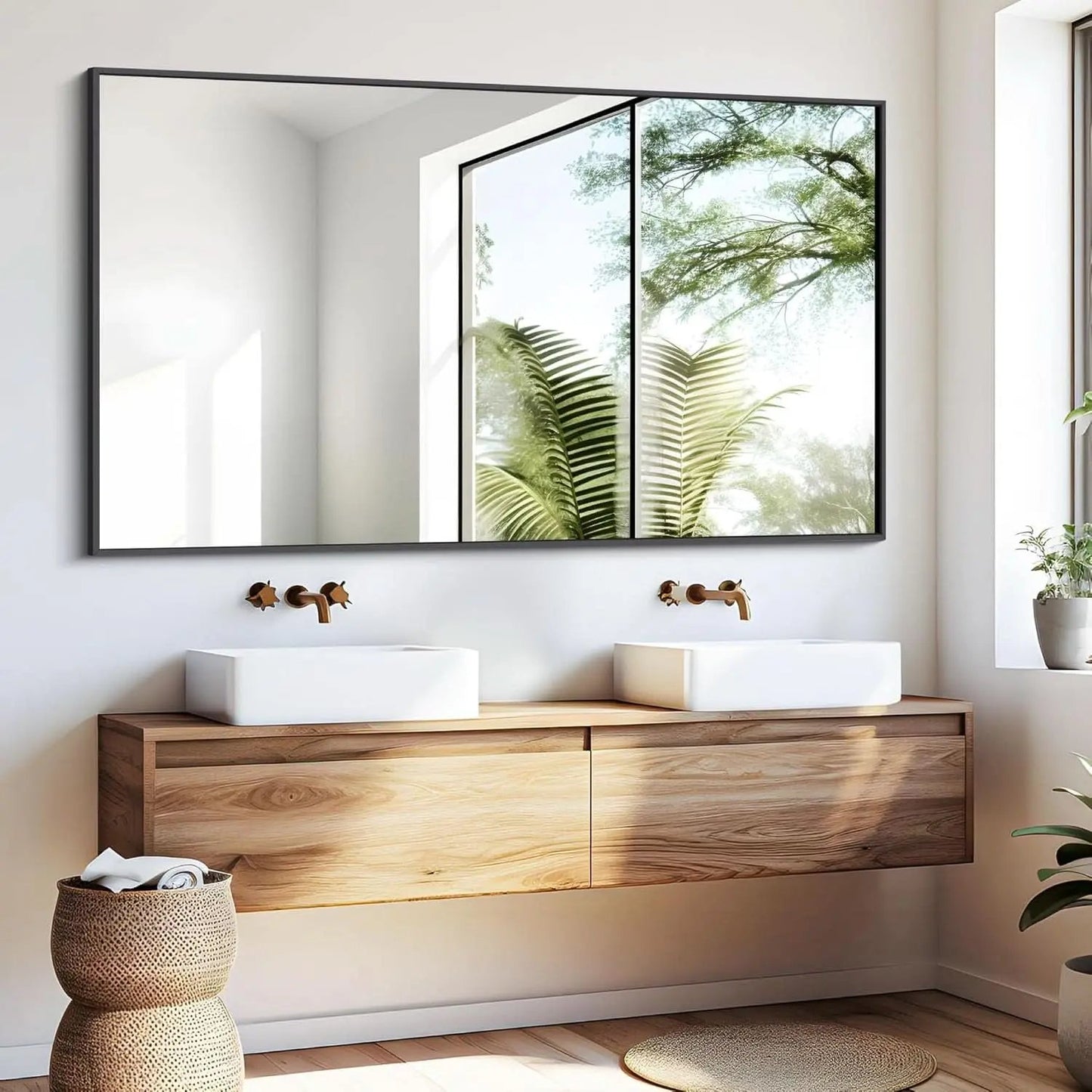 Bathroom with wooden vanity, white sinks, and large mirror reflecting greenery.