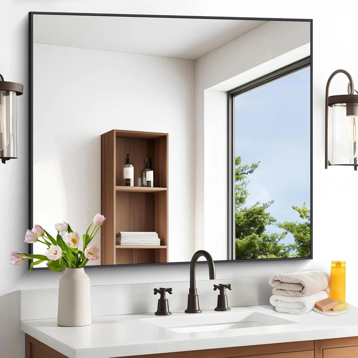 Bathroom with a large mirror, wooden shelf, and sink setup.