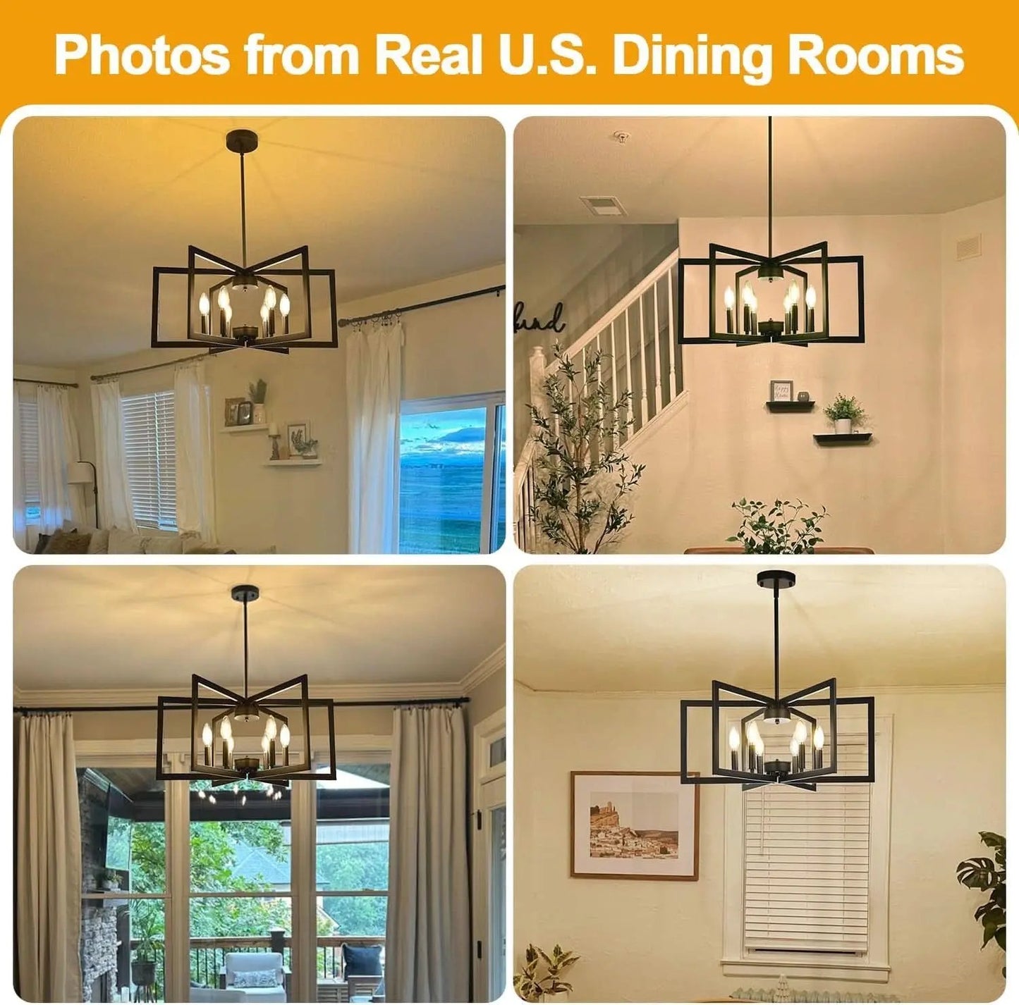 Collage of four photos showing a chandelier in various U.S. dining rooms.