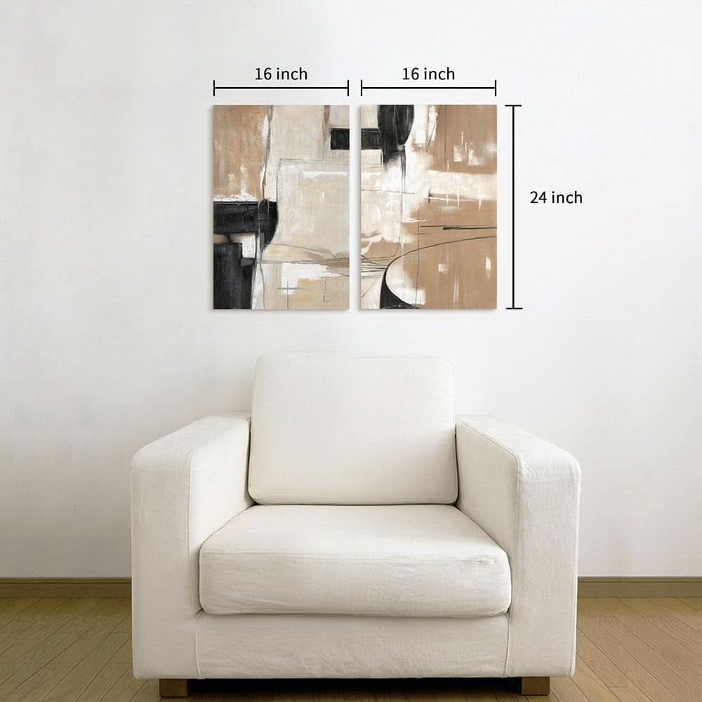 White armchair with a wall-mounted abstract art piece and measurements displayed.