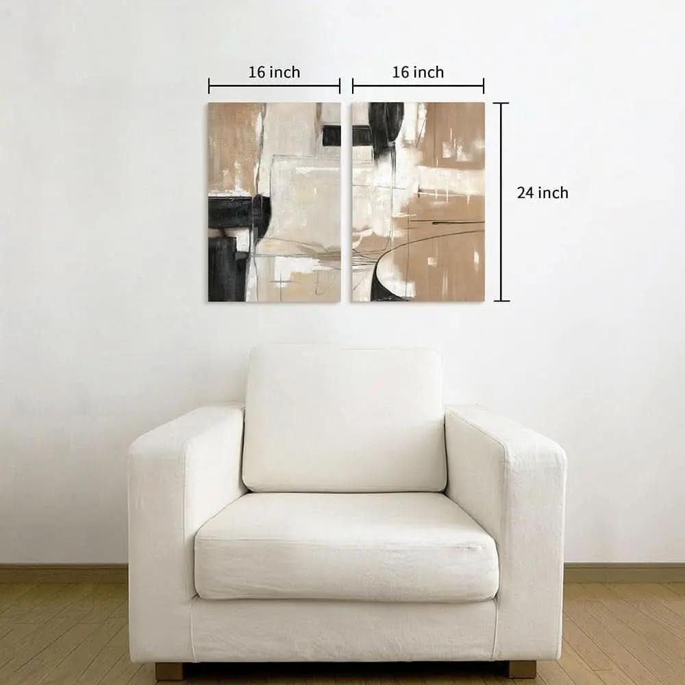 White armchair with a wall-mounted abstract art piece and measurements displayed.