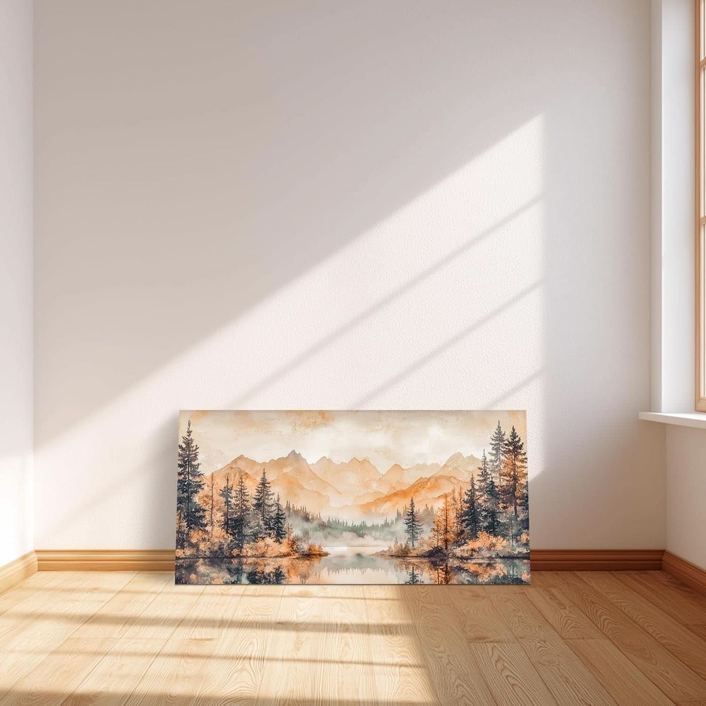 Scenic painting of a lake and trees on a wall in a room with wooden floor and white walls.