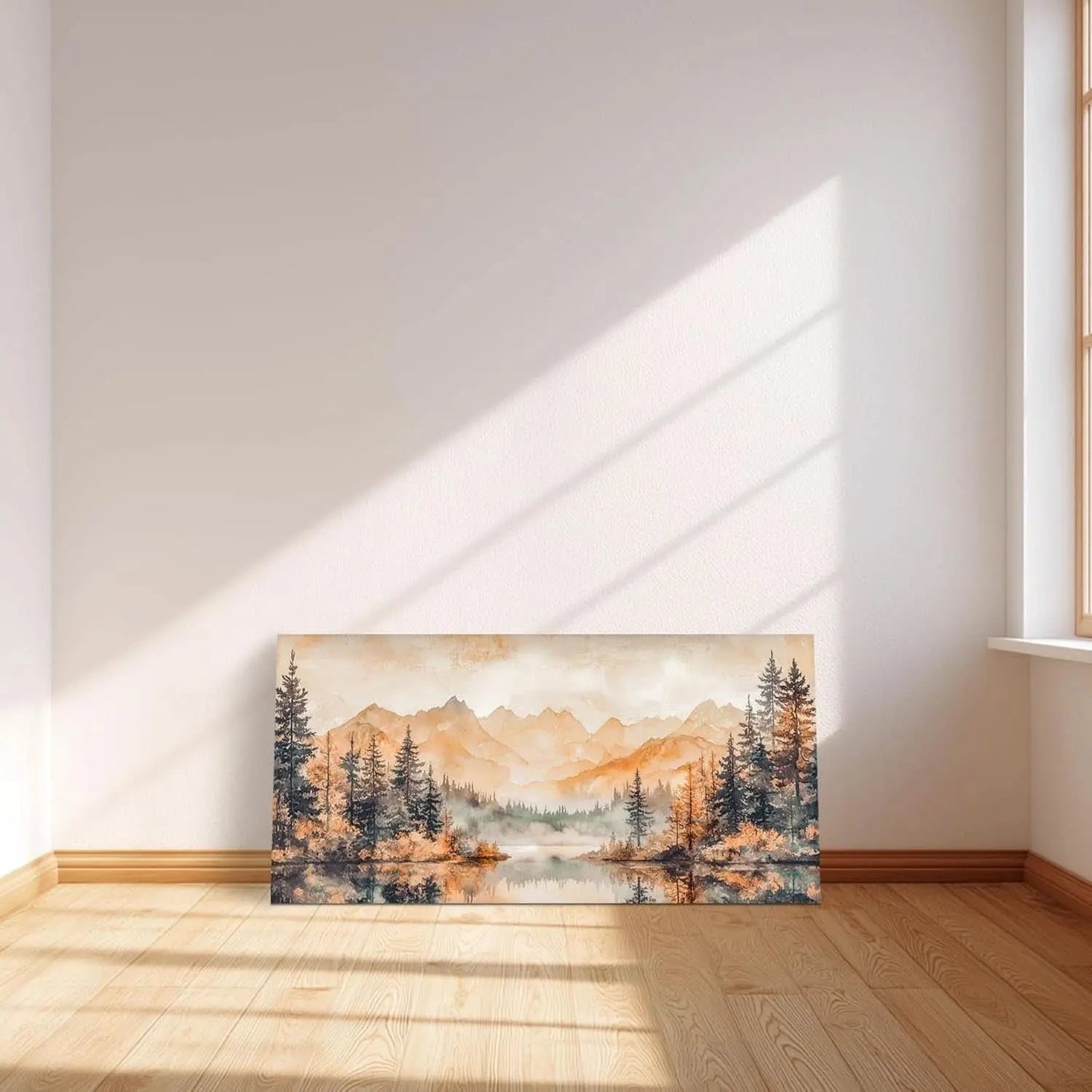 Scenic painting of a lake and trees on a wall in a room with wooden floor and white walls.