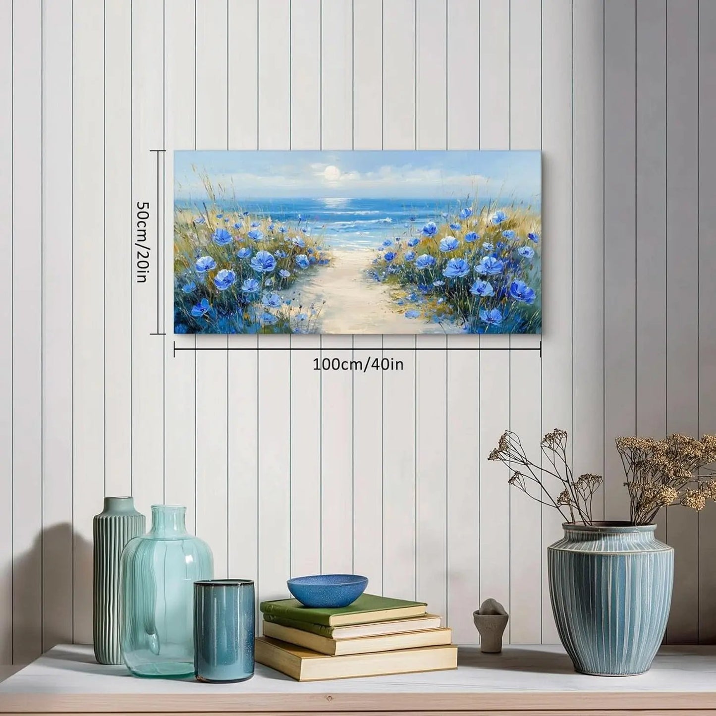 Wall art of a beach scene with flowers, displayed on a wall with measurements.