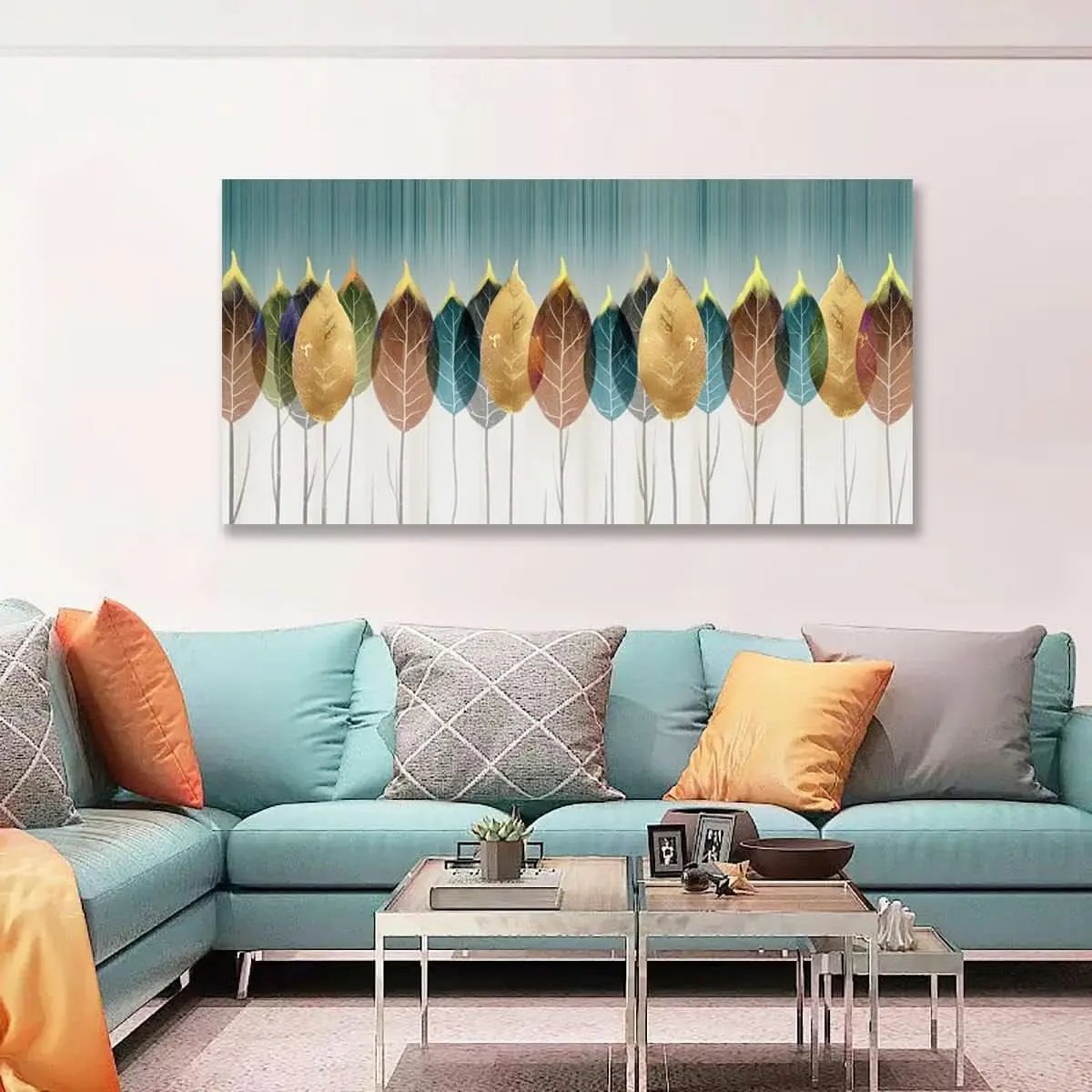Colorful abstract leaf painting above a blue sofa with patterned cushions.