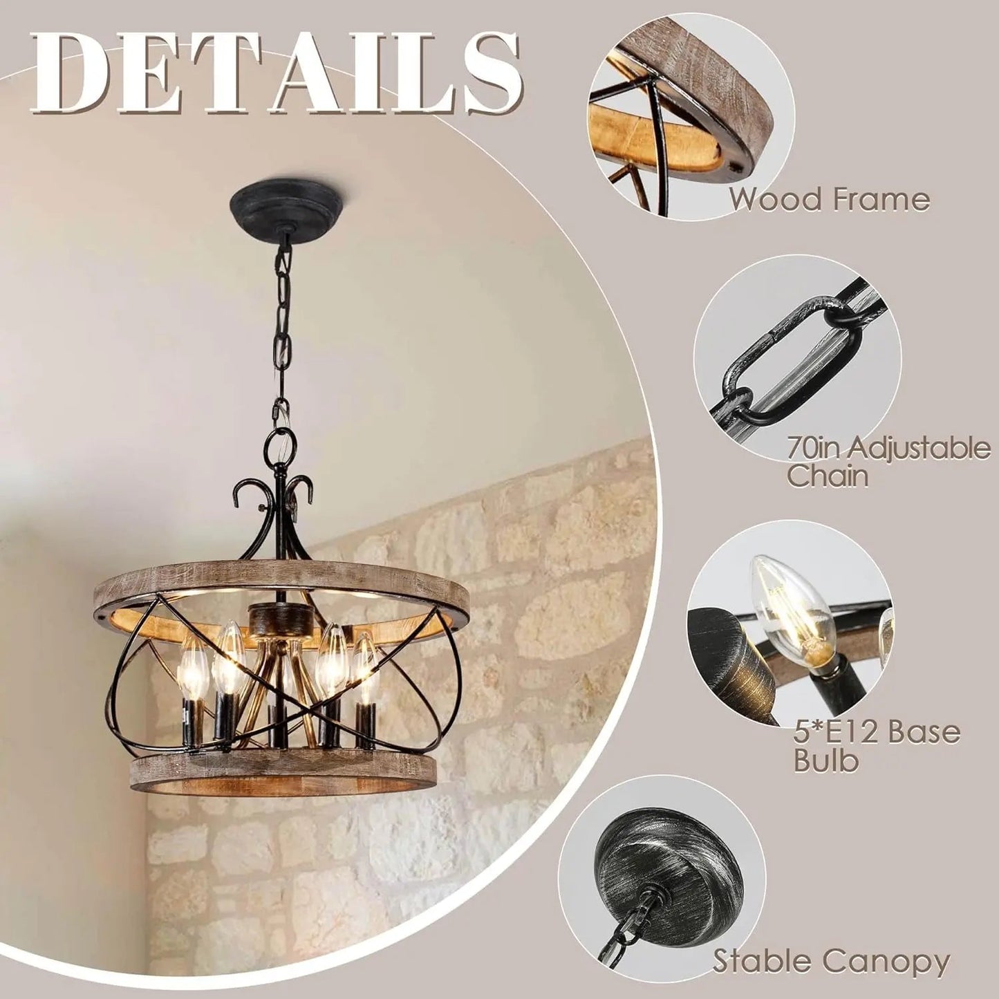 15.7 Inch Farmhouse Chandelier Wood Drum 5-Light Dining Room Light-4