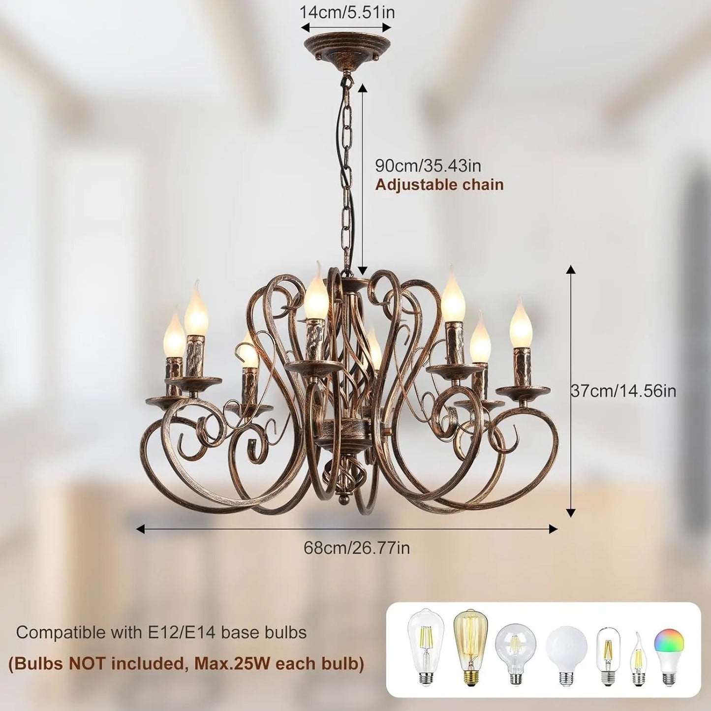 Chandelier with dimensions and bulb compatibility information on a blurred background