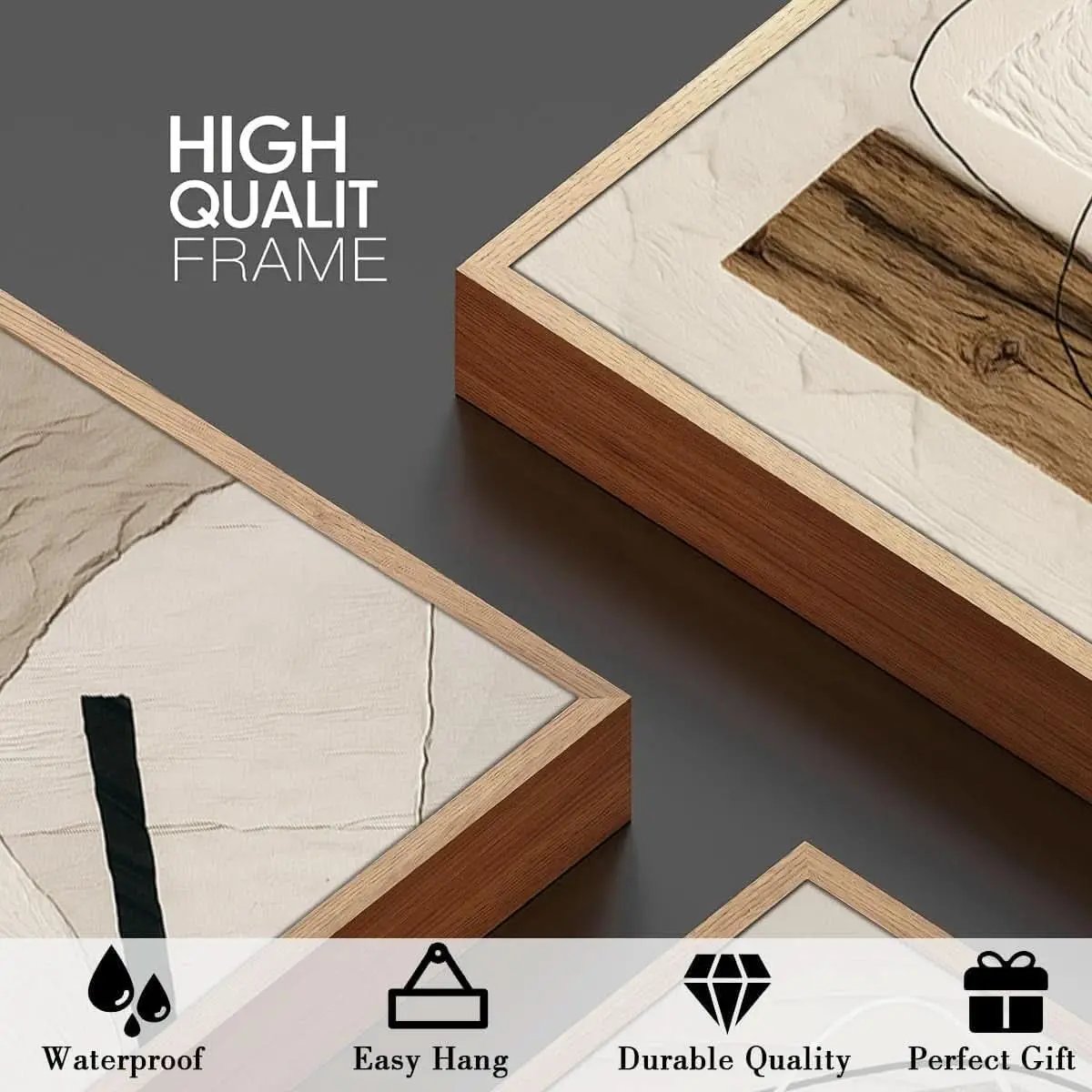 Wooden picture frames with marble accents on a dark surface, highlighting features like durability and quality.