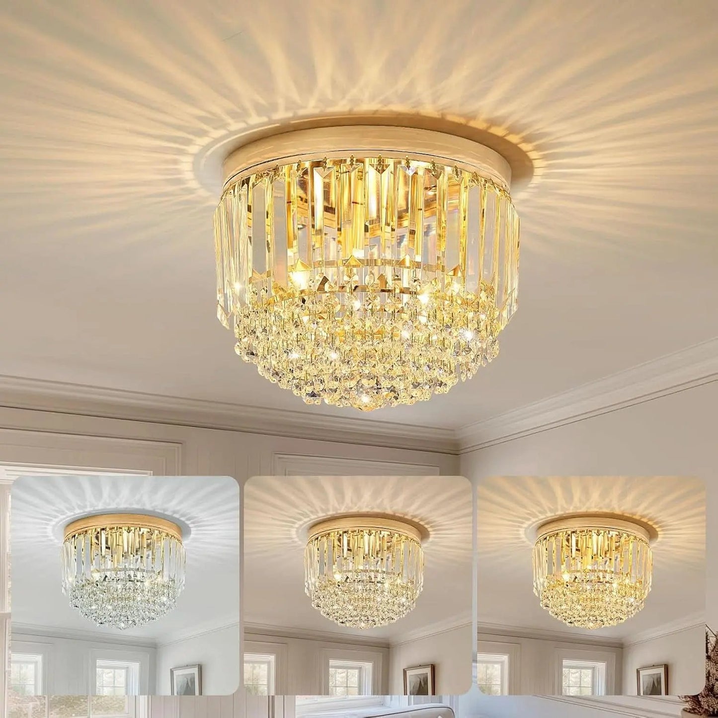 Gold chandelier hanging from a ceiling with a neutral background