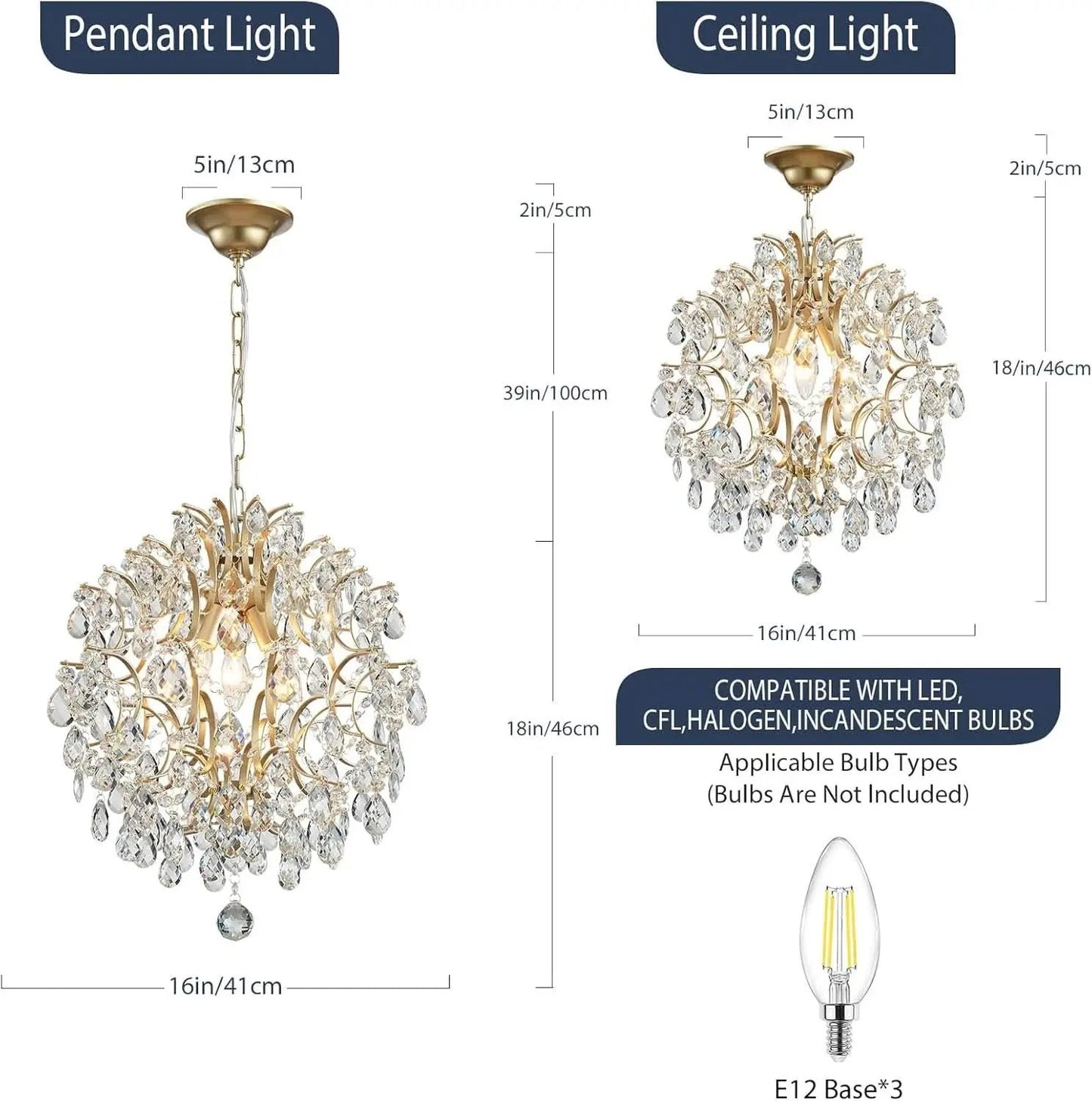 Two chandelier lights with measurements and compatibility information on a white background