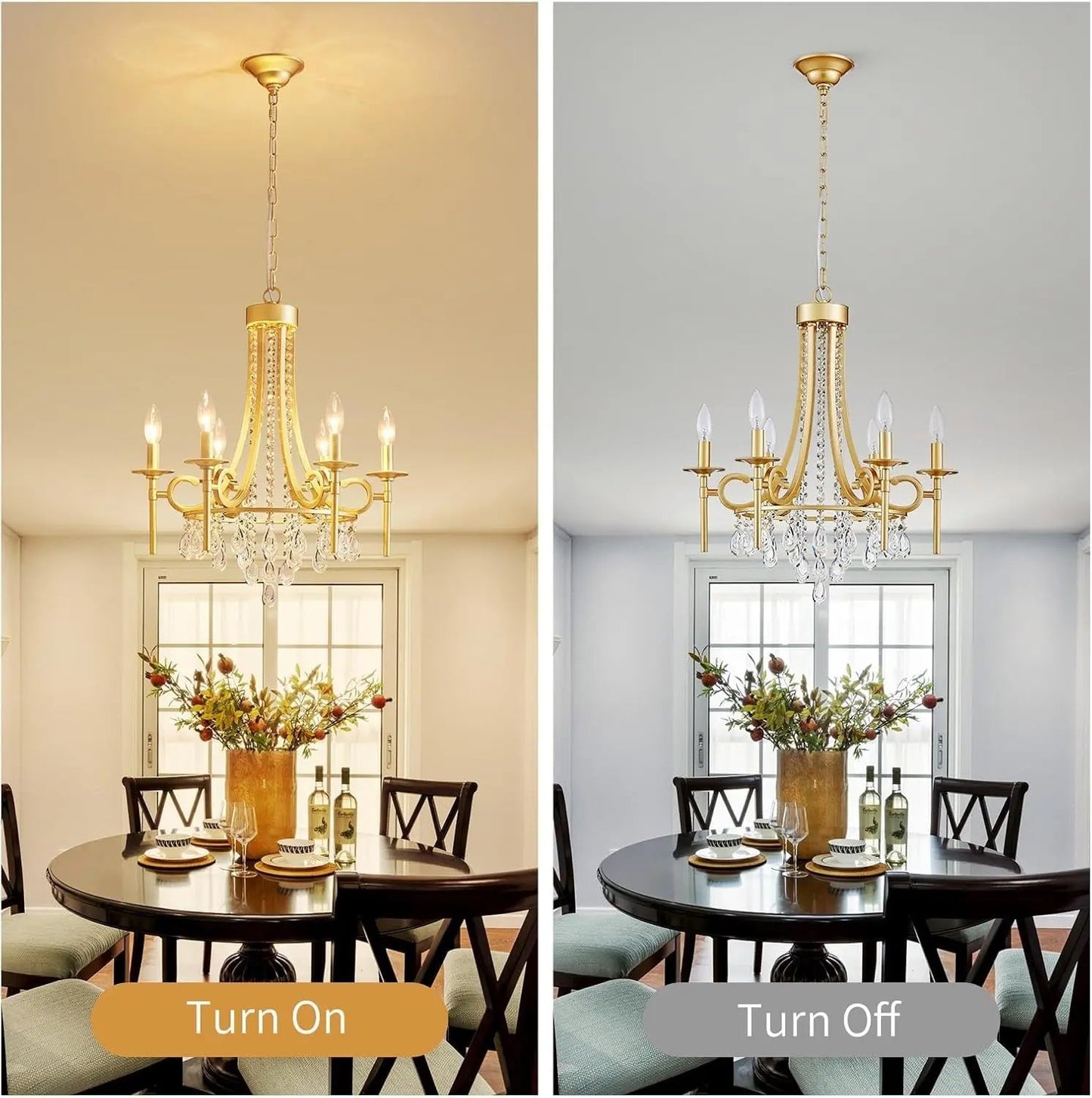 Chandelier in a dining room with 'Turn On' and 'Turn Off' labels.