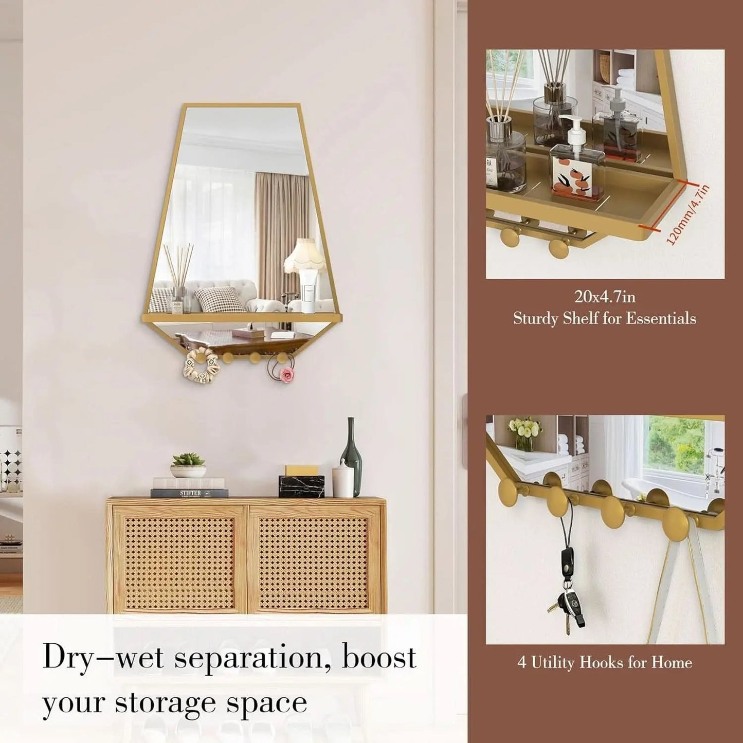 Gold wall shelf with mirror and hooks on a white wall, with text about storage solutions.