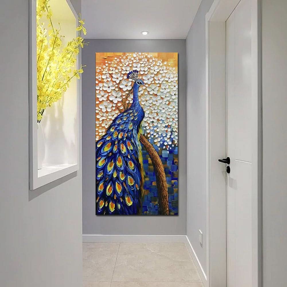 Painting of a peacock on a wall in a room with a door and window.