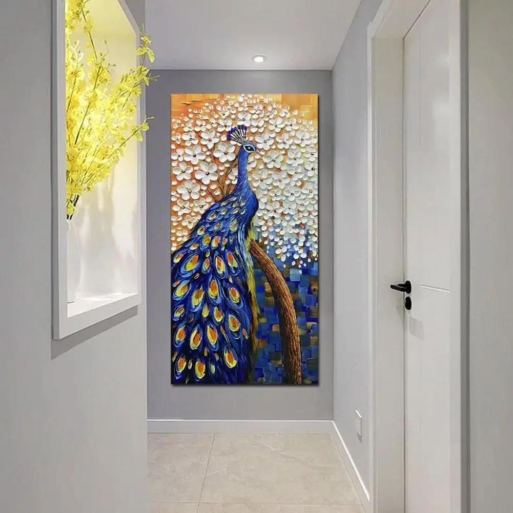 Painting of a peacock on a wall in a room with a door and window.