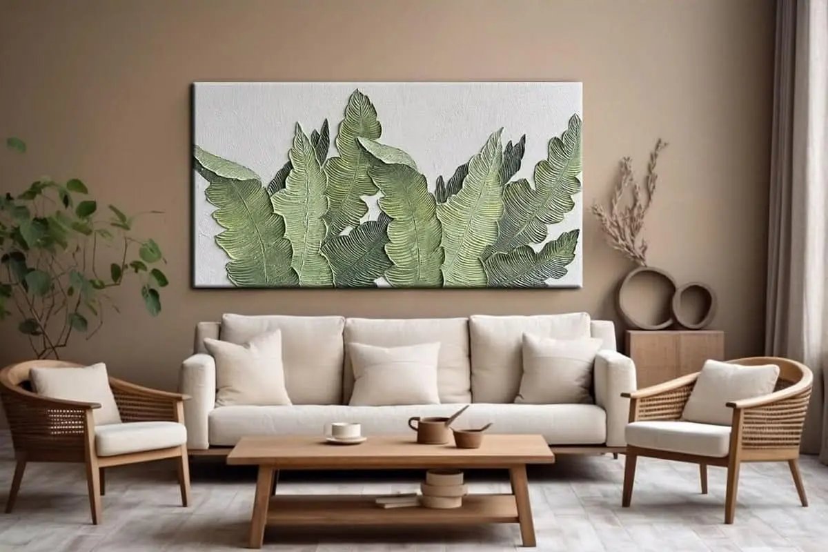 Modern living room with beige sofa, wooden coffee table, and decorative wall art.