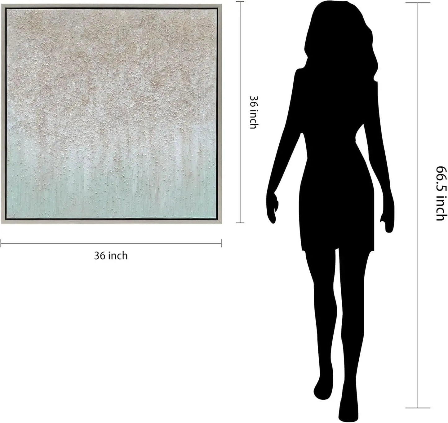 Silhouette of a person next to a framed abstract painting with dimensions indicated.