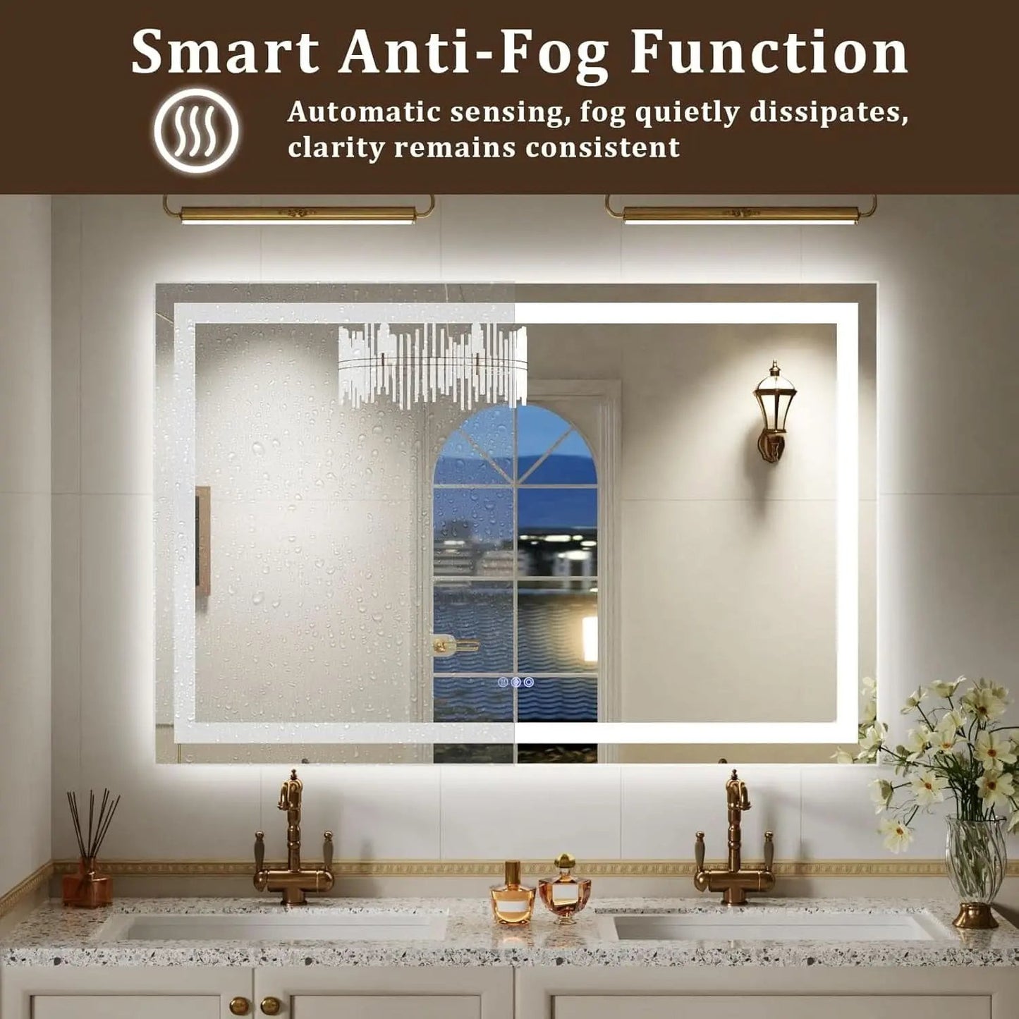 Bathroom vanity with a large mirror featuring smart anti-fog function, with text and logo above.