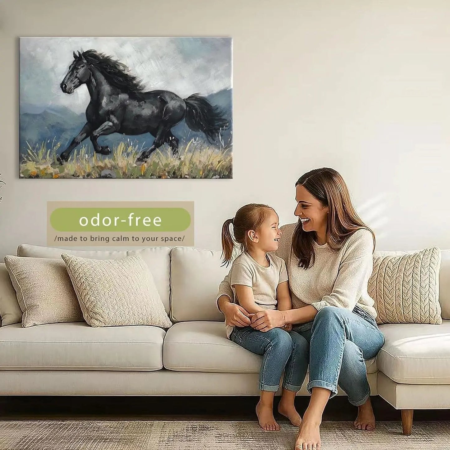 Woman and child sitting on a couch with a horse painting and 'odor-free' sign in the background