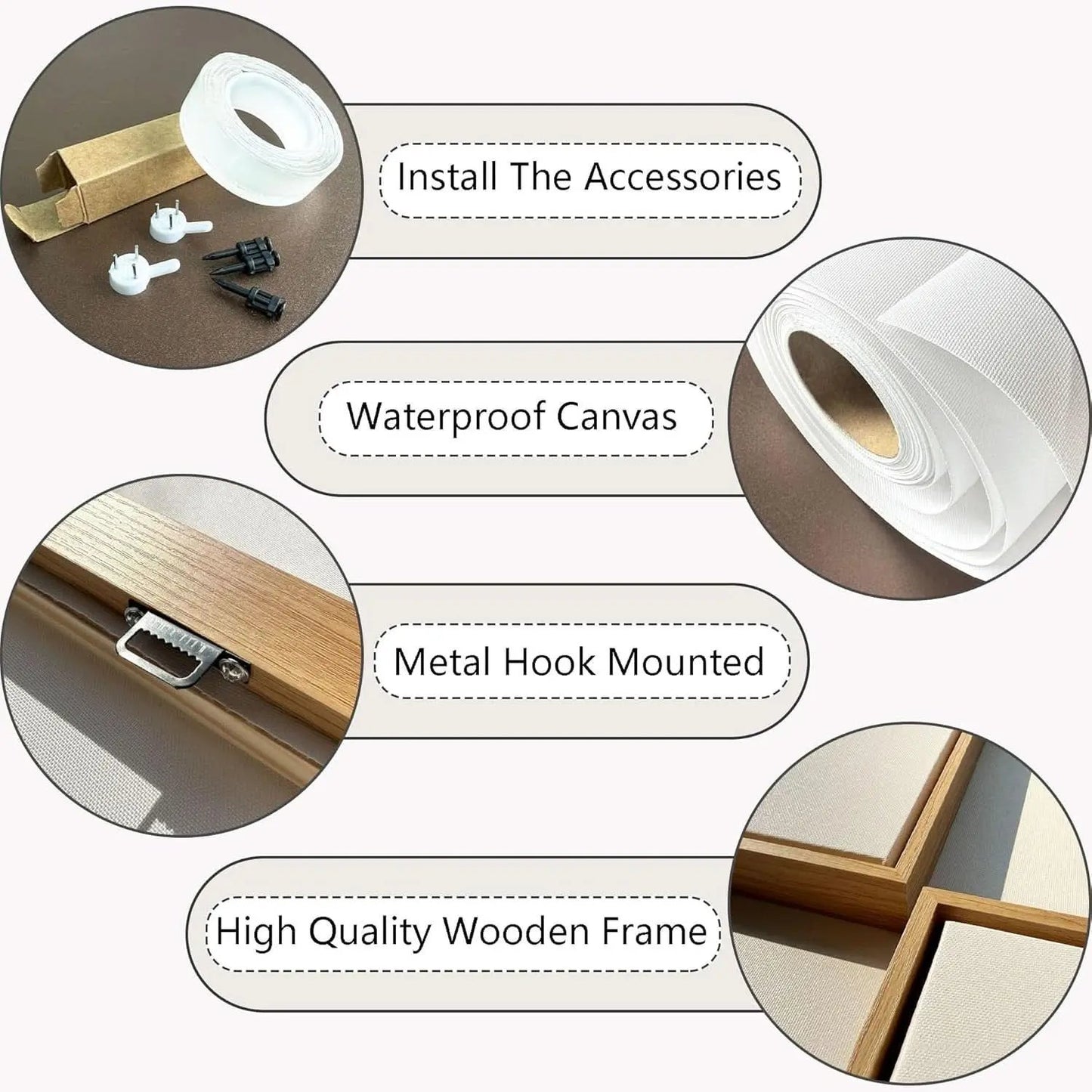 Steps to install a product with waterproof canvas, metal hook, and wooden frame.