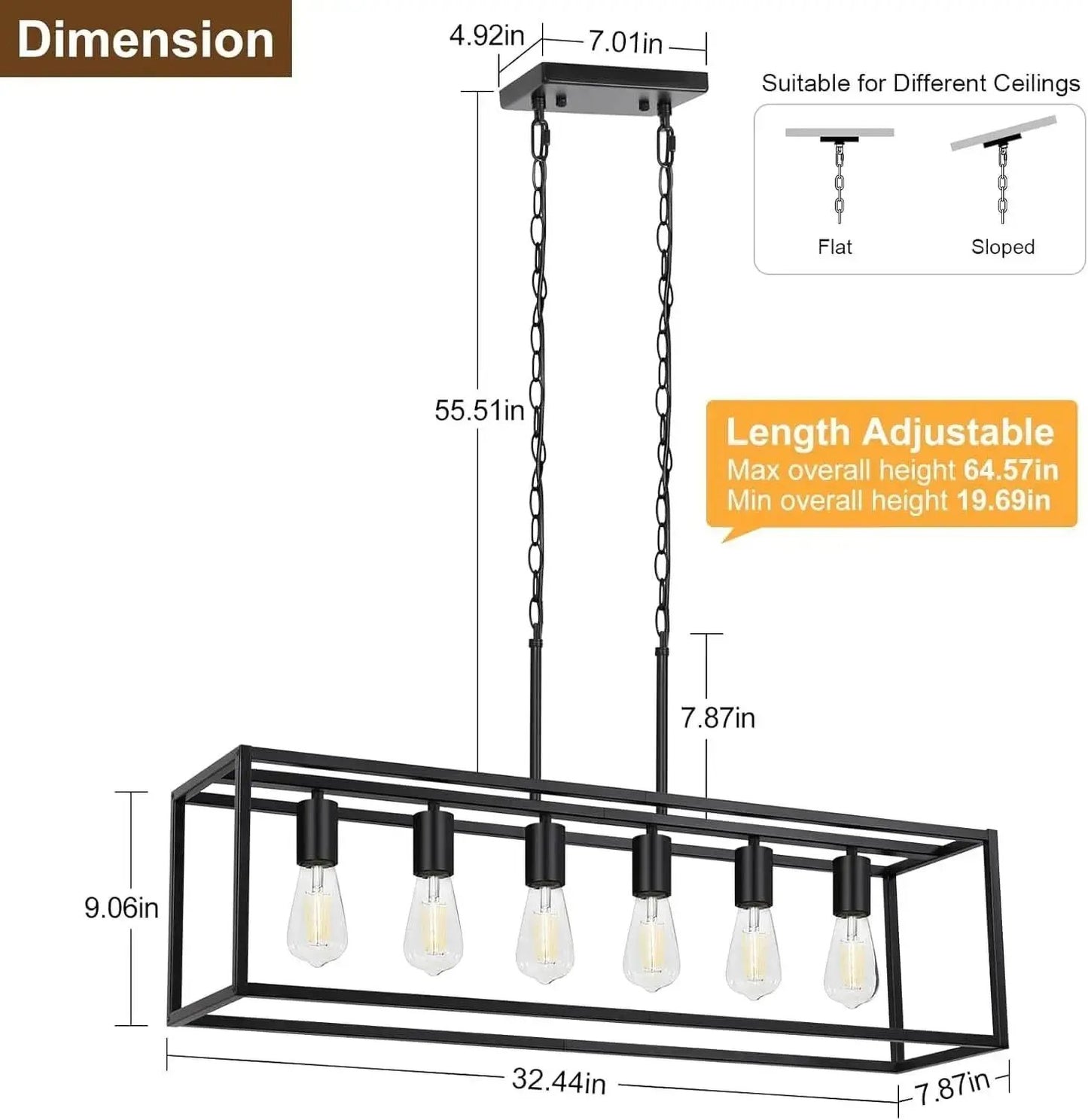 Black rectangular pendant light with dimensions and compatibility information on a white background