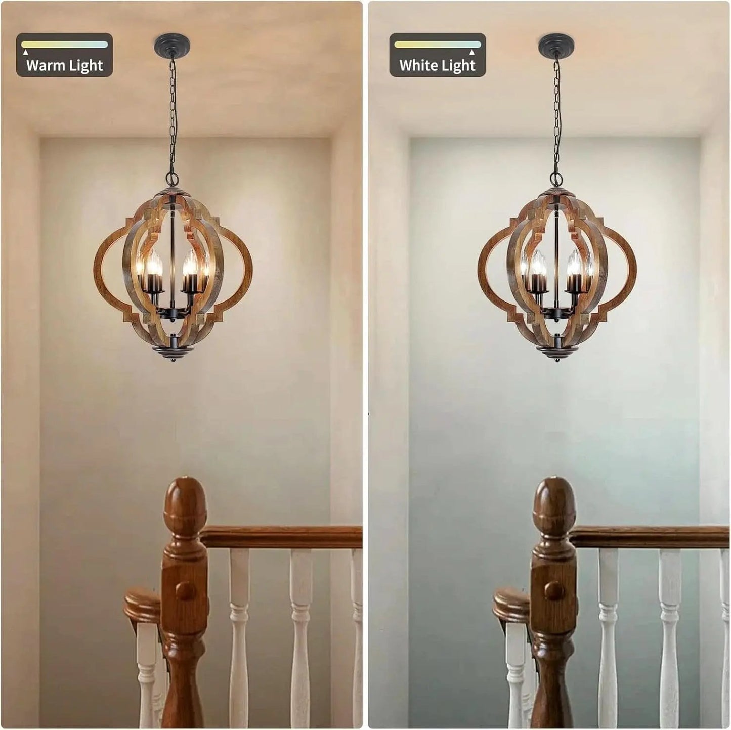 Comparison of pendant light in warm and white light on a staircase.