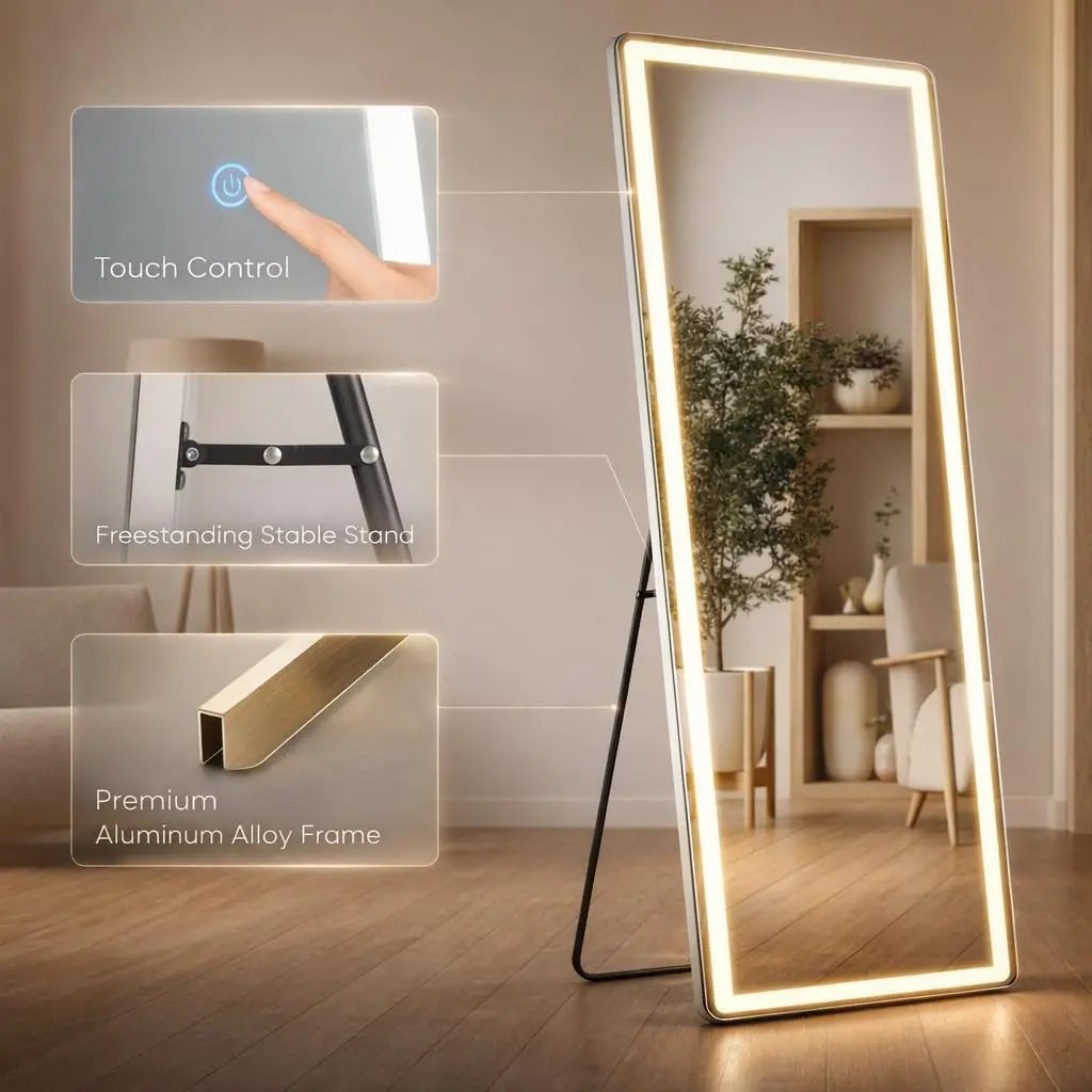 Lighted standing mirror with touch control panel, freestanding stable stand, and premium aluminum alloy frame.