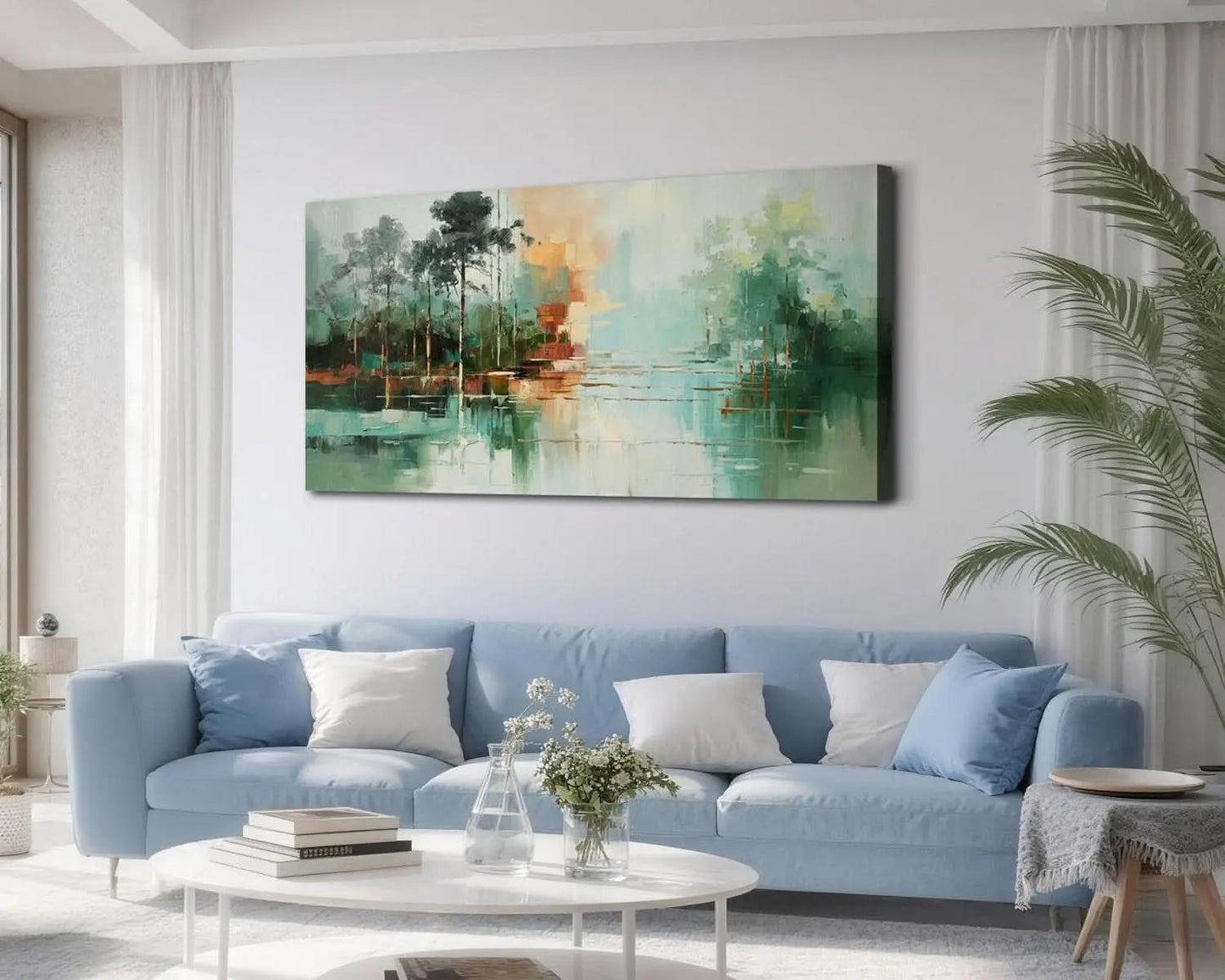 Living room with a blue sofa, abstract painting, and decorative elements.