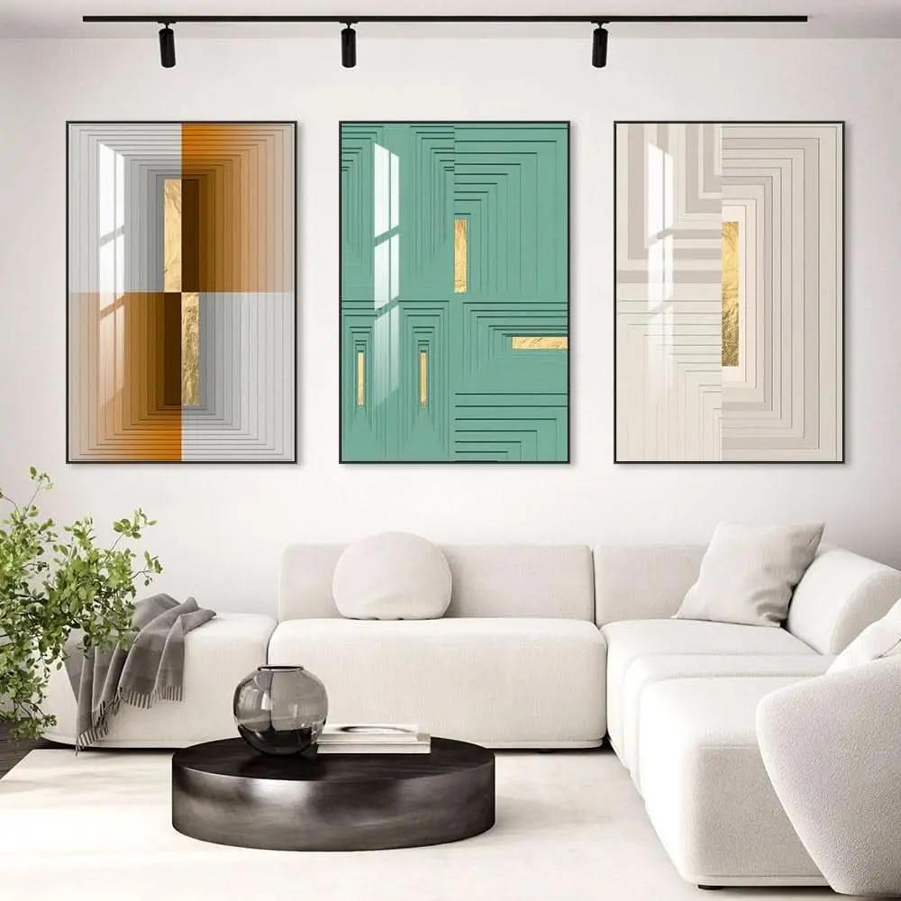 Modern living room with a white sofa and abstract wall art