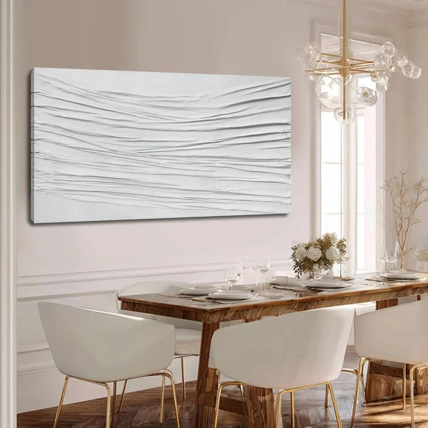 Dining room with a wooden table and white chairs, featuring a large abstract painting on the wall.