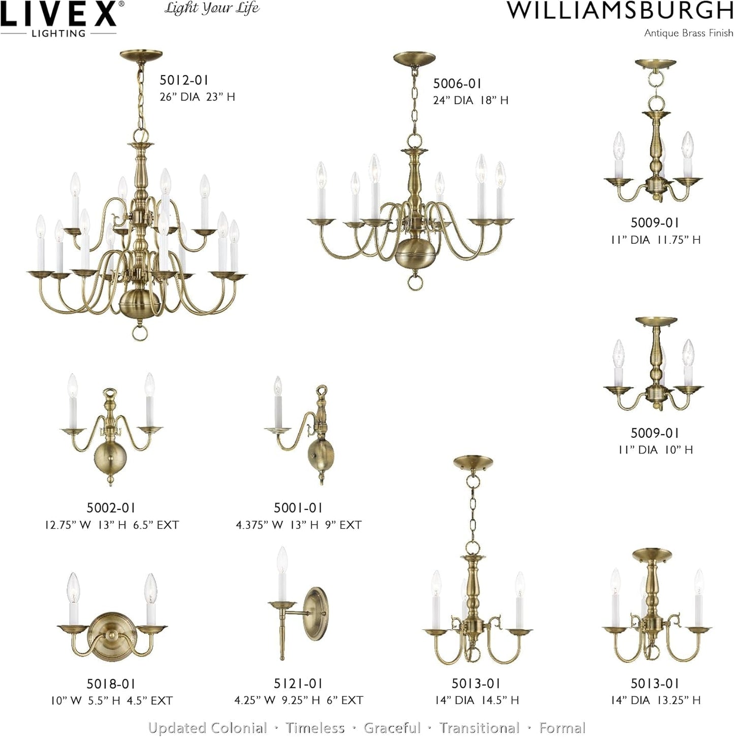 Collection of Livex Lighting chandeliers and wall sconces with dimensions on a white background.
