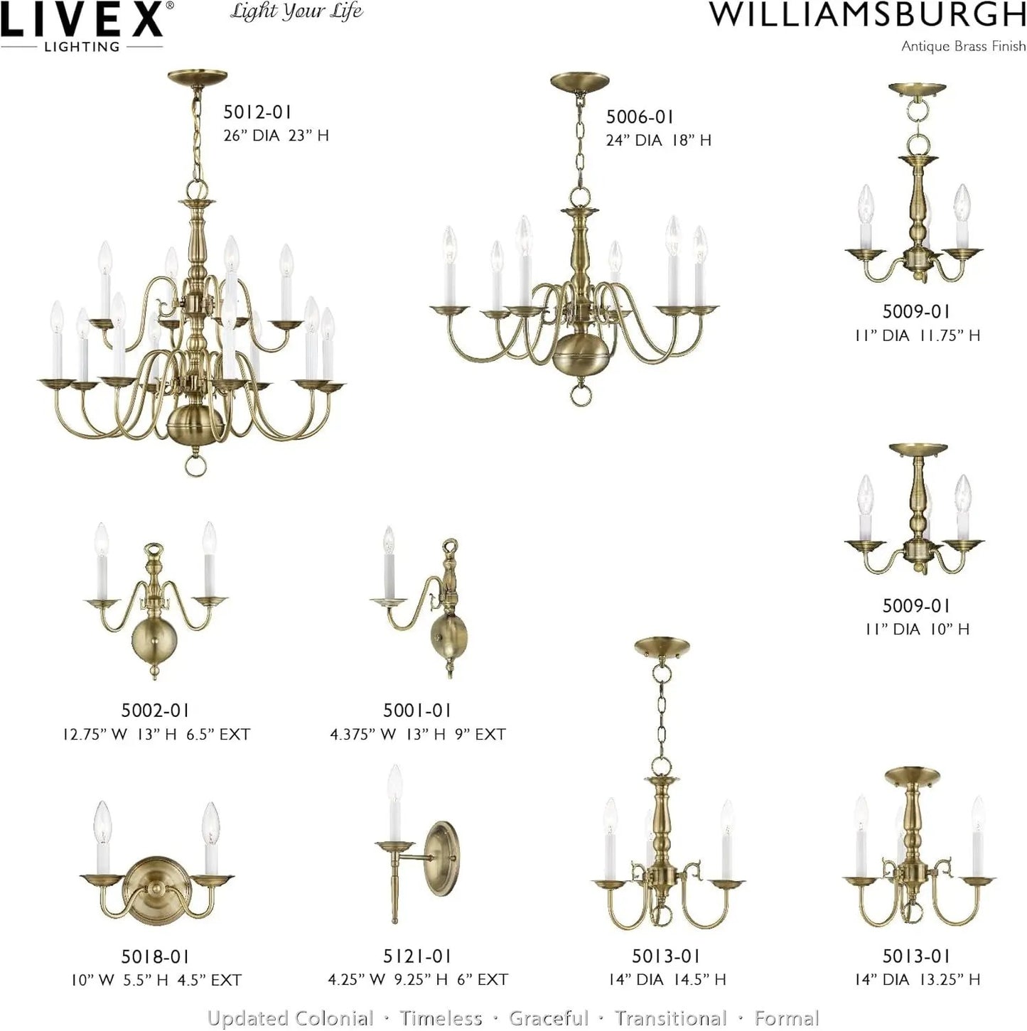 Collection of Livex Lighting chandeliers and wall sconces with dimensions on a white background.